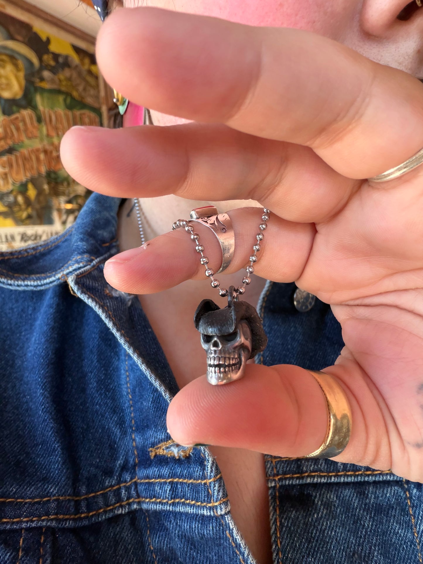 Vintage Sterling and Leather Skull and Hat Pendant with Stainless Steel Ball Chain 11 3/4” (MA)