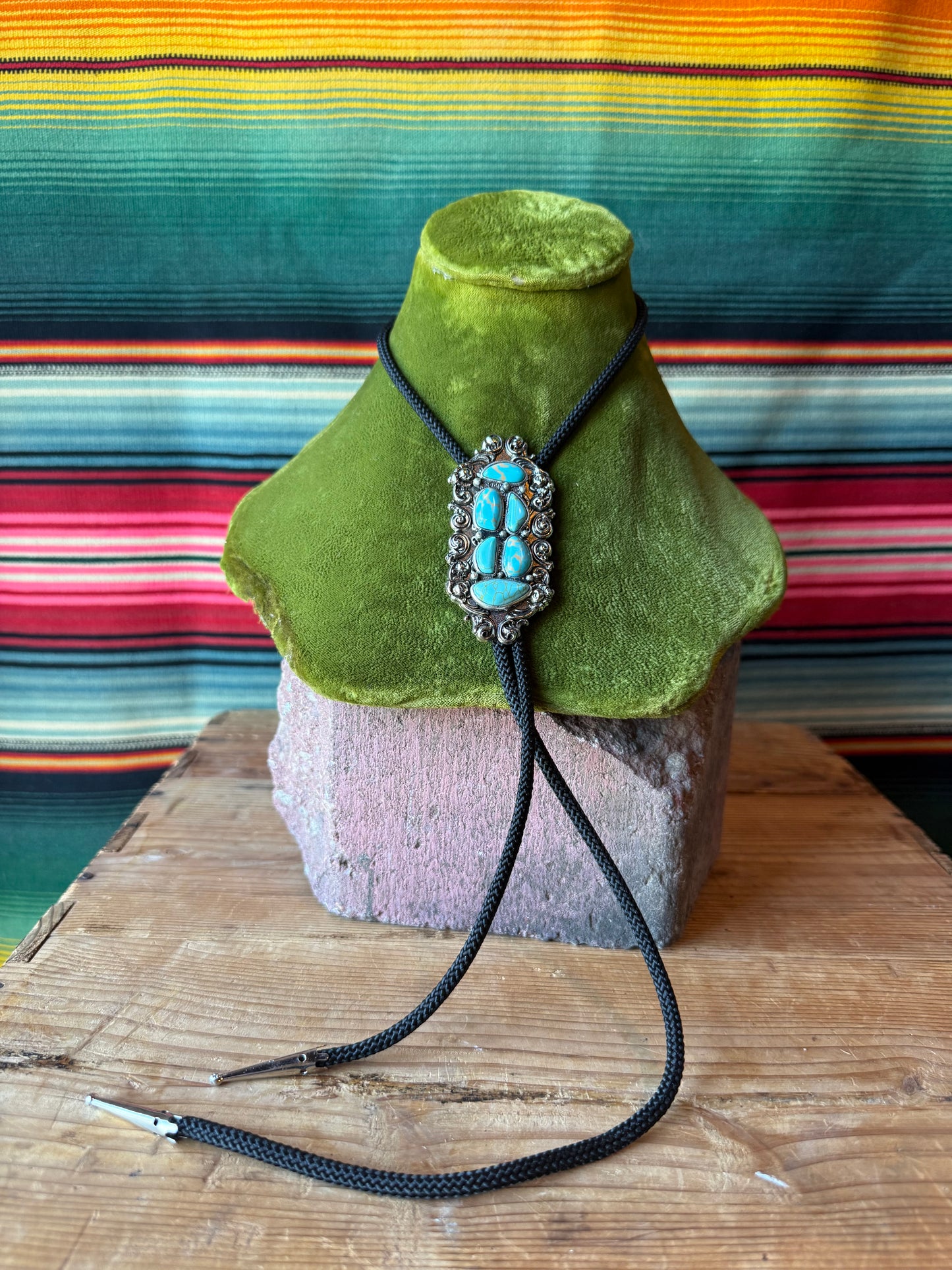 Etched Silver & Six Turquoise Stone Bolo Tie