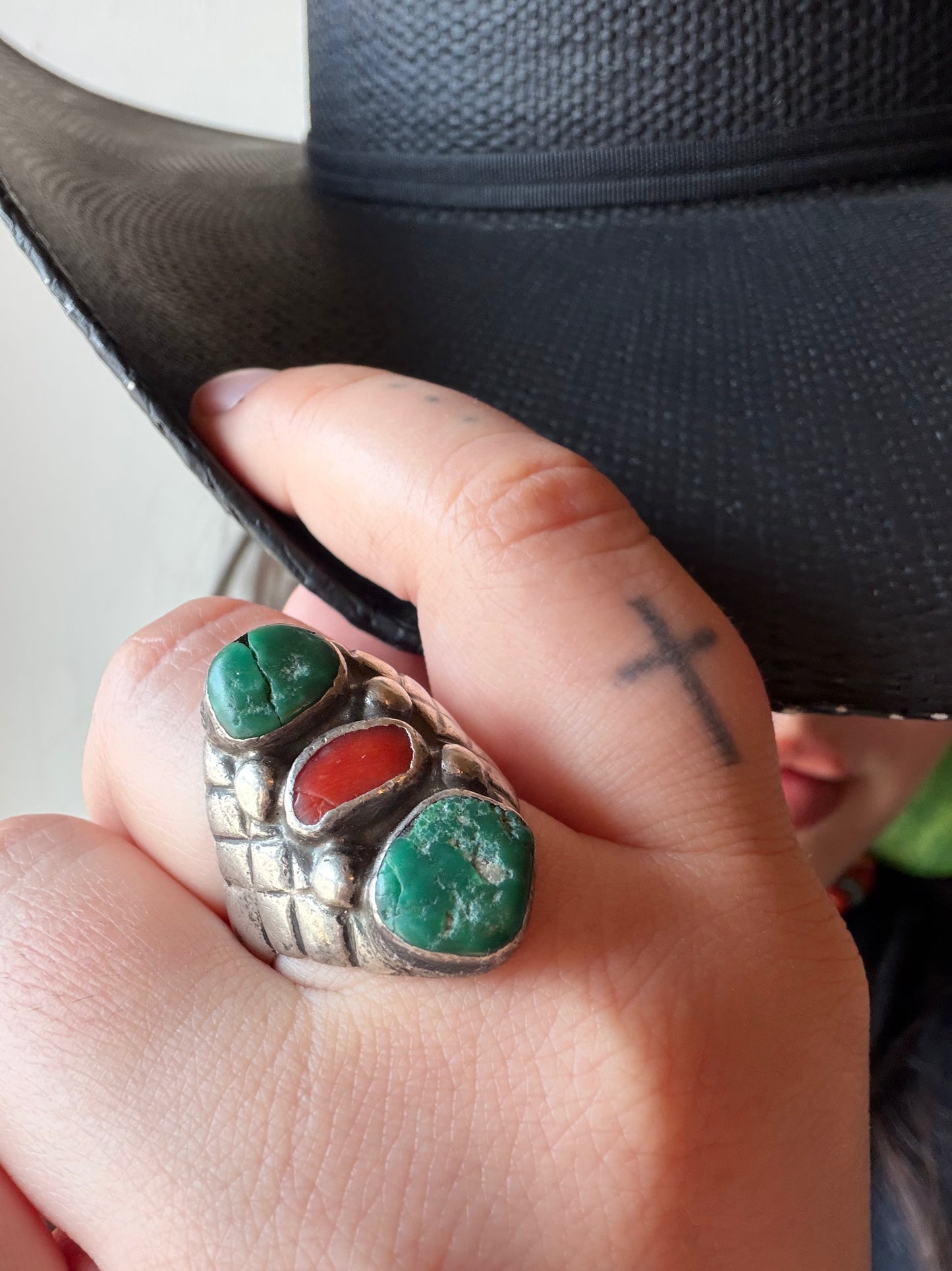 Sterling, Turquoise and Coral Ring Size 10 (MA)