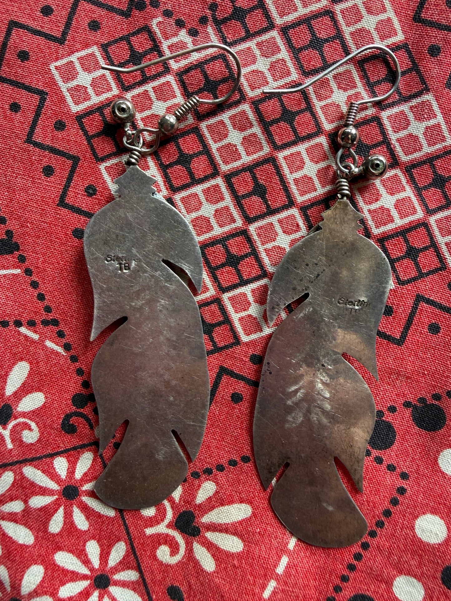 vintage sterling and mother of pearl feather earrings (MA)
