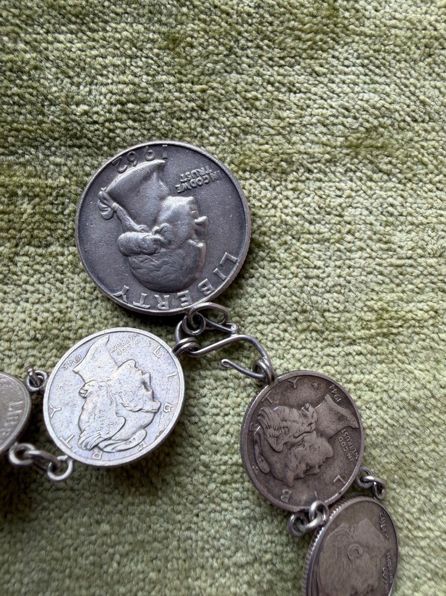 Vintage Roosevelt and Mercury dime, Washington  quarter bracelet (MA)
