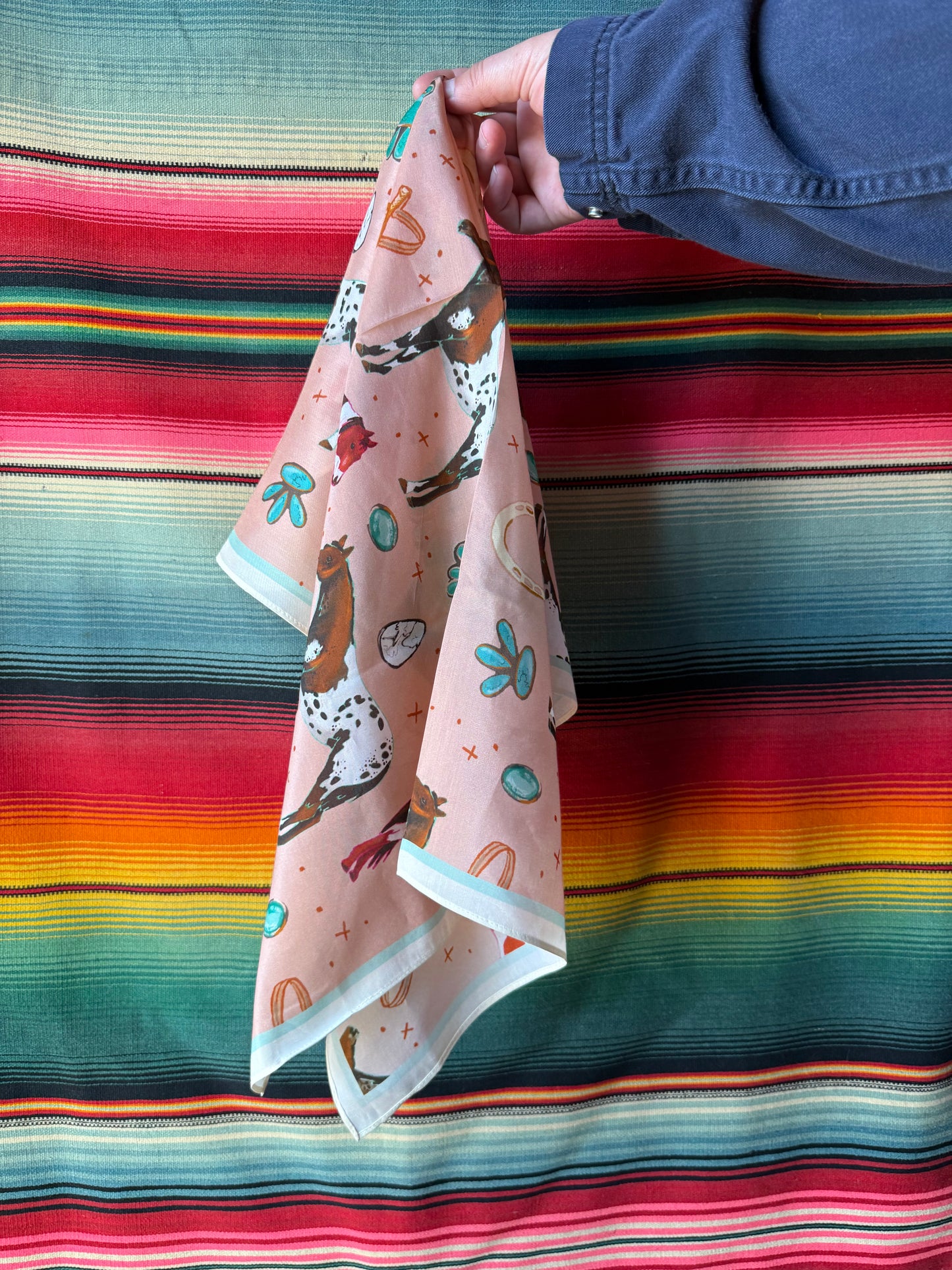 Western Horses & Turquoise Peach Western Silk Bandana Scarf