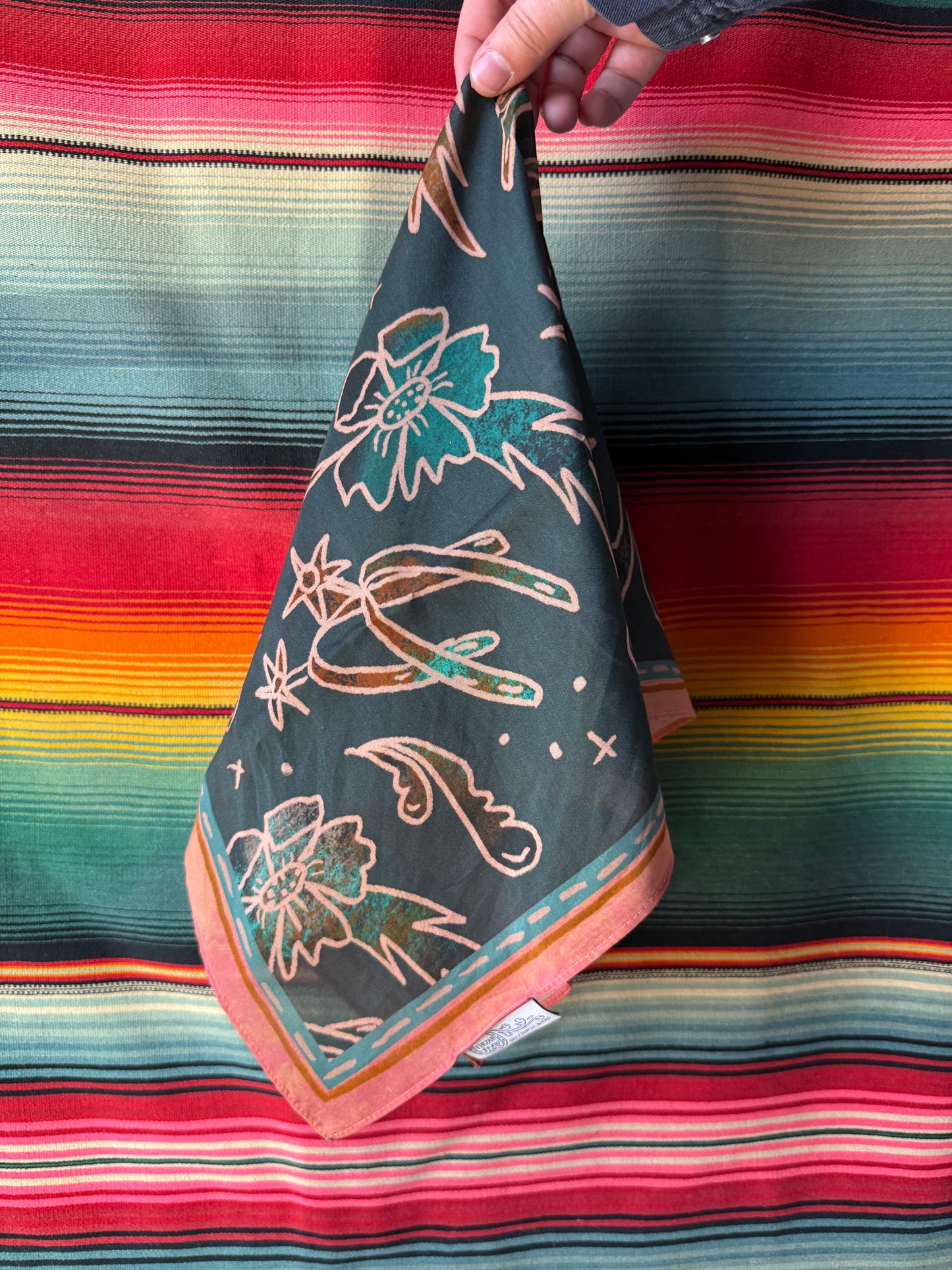 Western Spurs & Floral Turquoise Silk Bandana Scarf