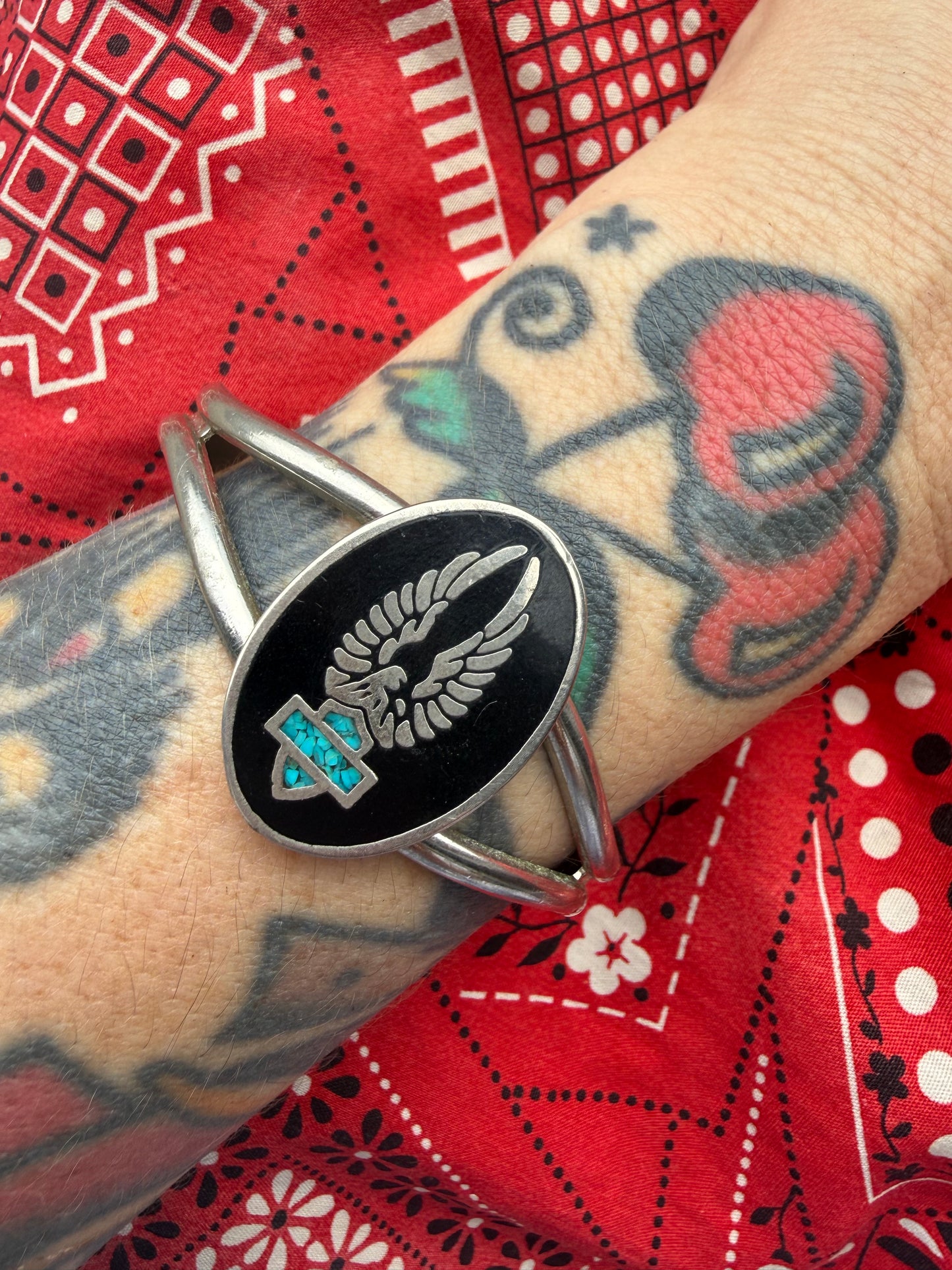 vintage crushed turquoise and enamel bootleg Eagle Harley Davidson badge cuff (MA)