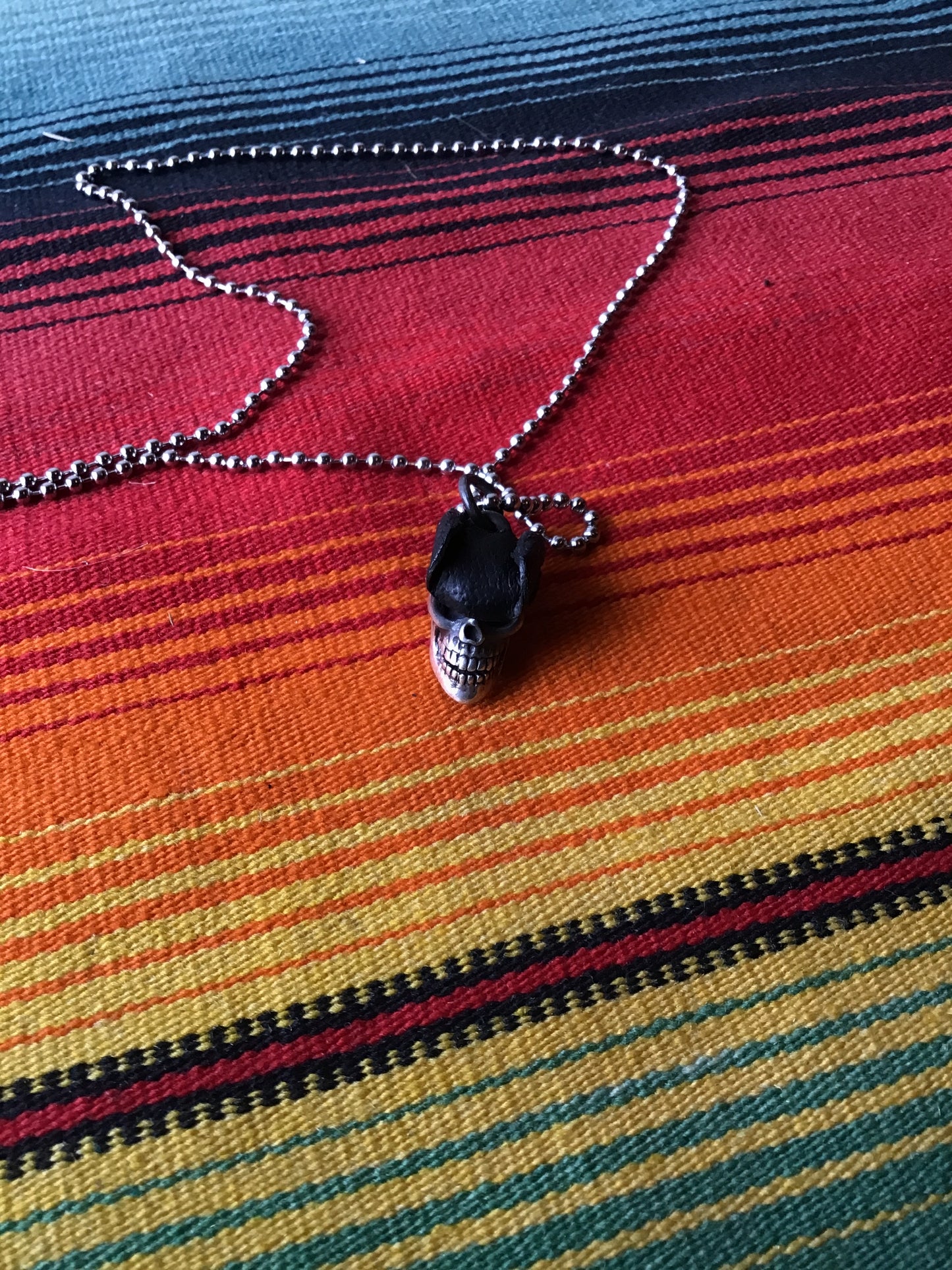 Vintage Sterling and Leather Skull and Hat Pendant with Stainless Steel Ball Chain 11 3/4” (MA)
