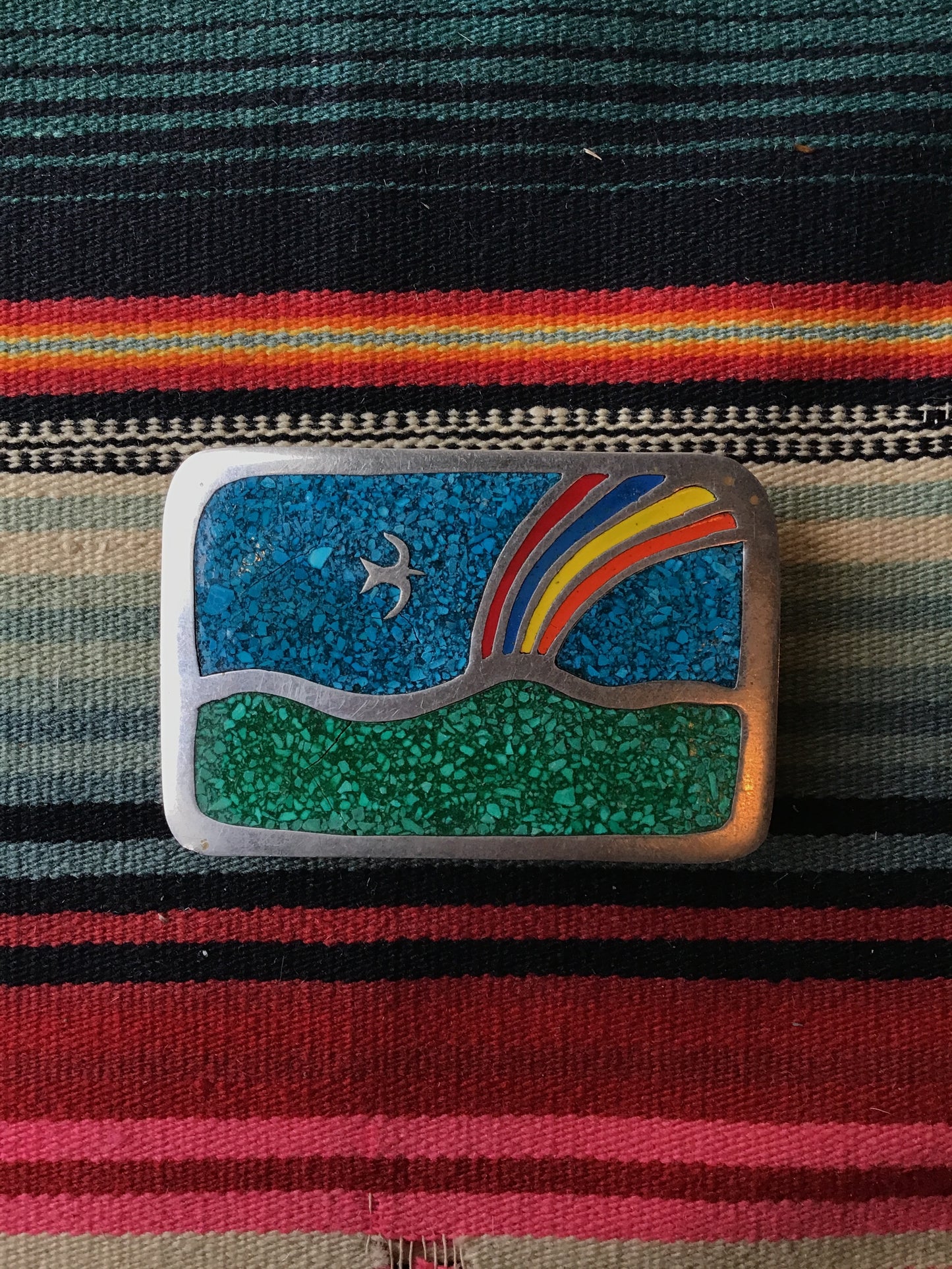 Vintage Alpaca Mexican Rainbow Belt Buckle 2 3/4” by 1 7/8”