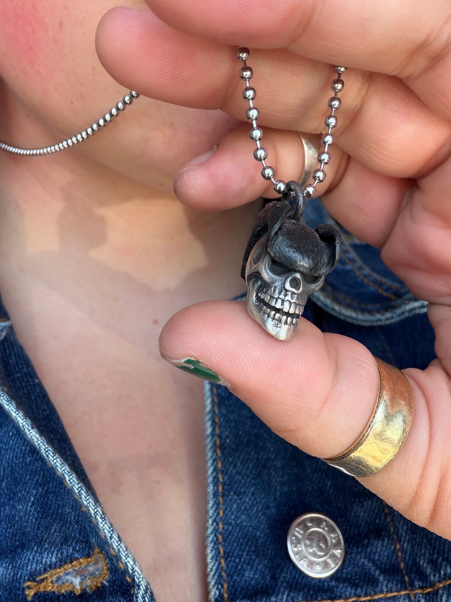 Vintage Sterling and Leather Skull and Hat Pendant with Stainless Steel Ball Chain 11 3/4” (MA)