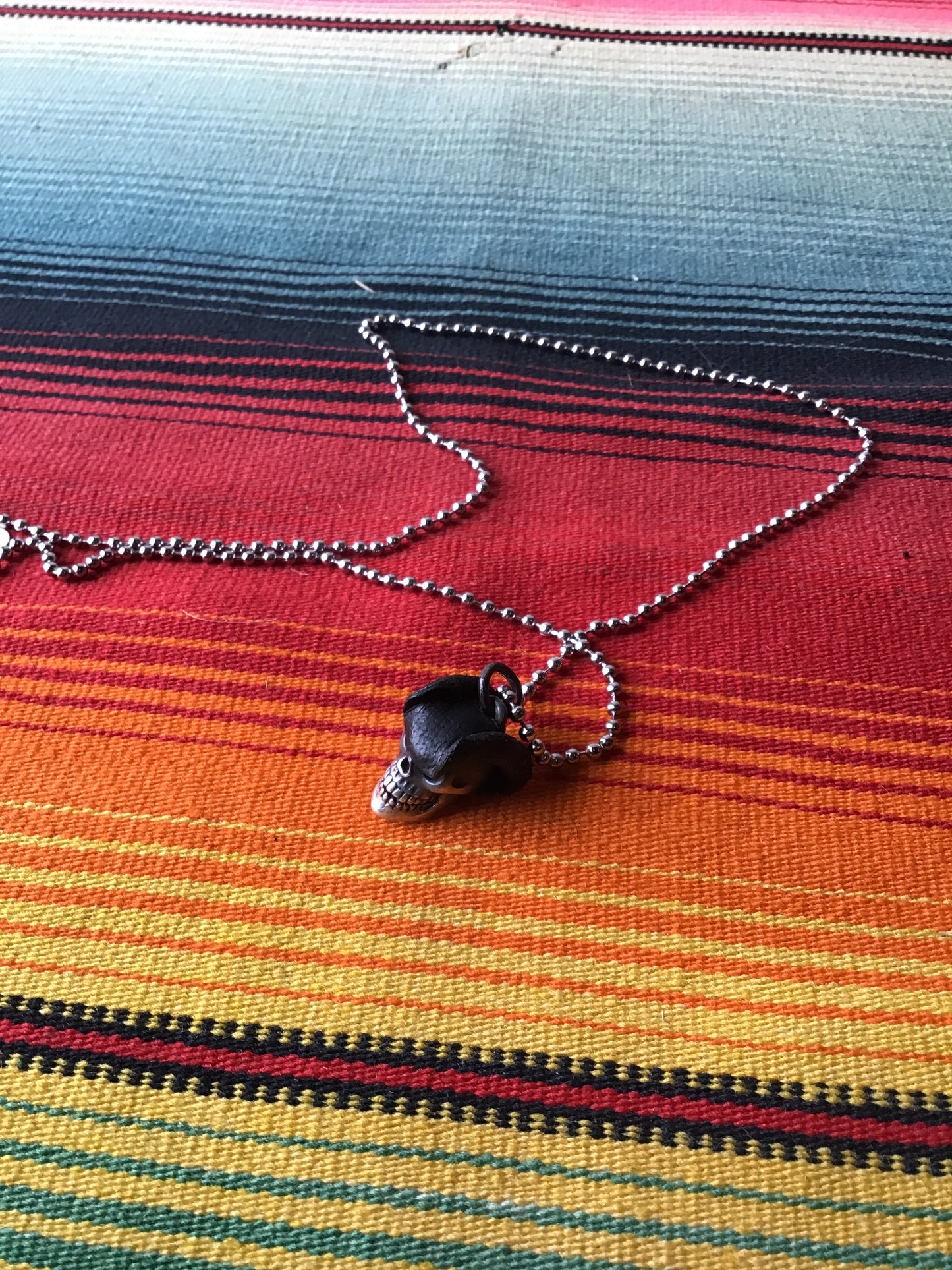 Vintage Sterling and Leather Skull and Hat Pendant with Stainless Steel Ball Chain 11 3/4” (MA)