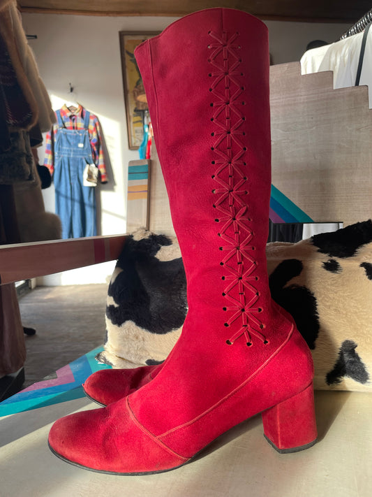 1960s Corona Scarpa Red Suede Knee High Go Go Boots Size 8B