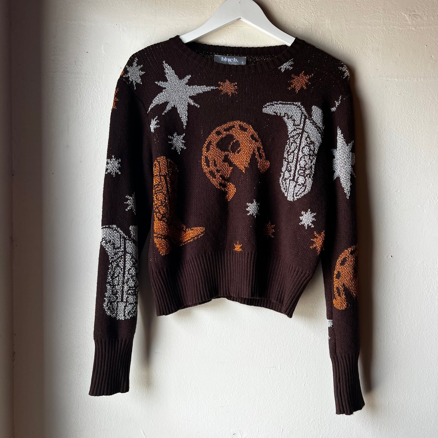 Brown Metallic Western Printed Sweater