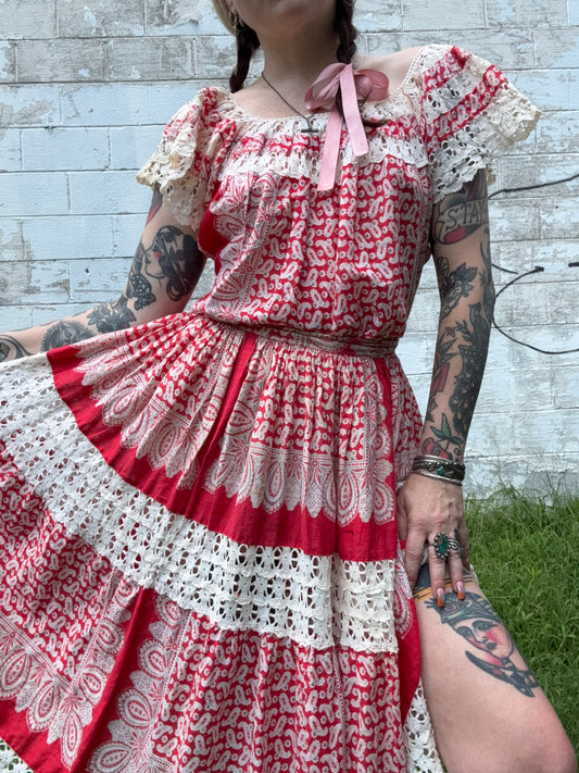 1950s Turkey Red Bandana Blouse+Skirt (CCV)