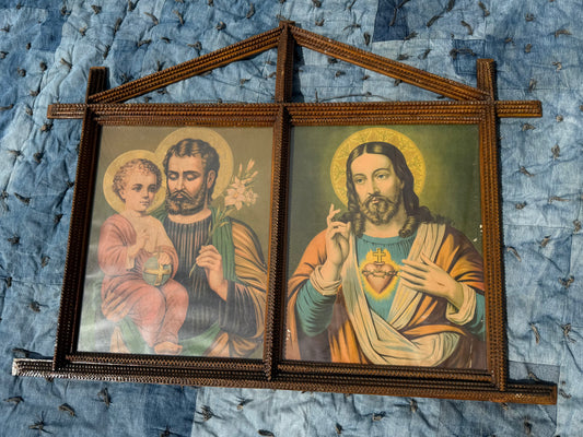 HUGE Antique Tramp Art Religious Lithographs (C)