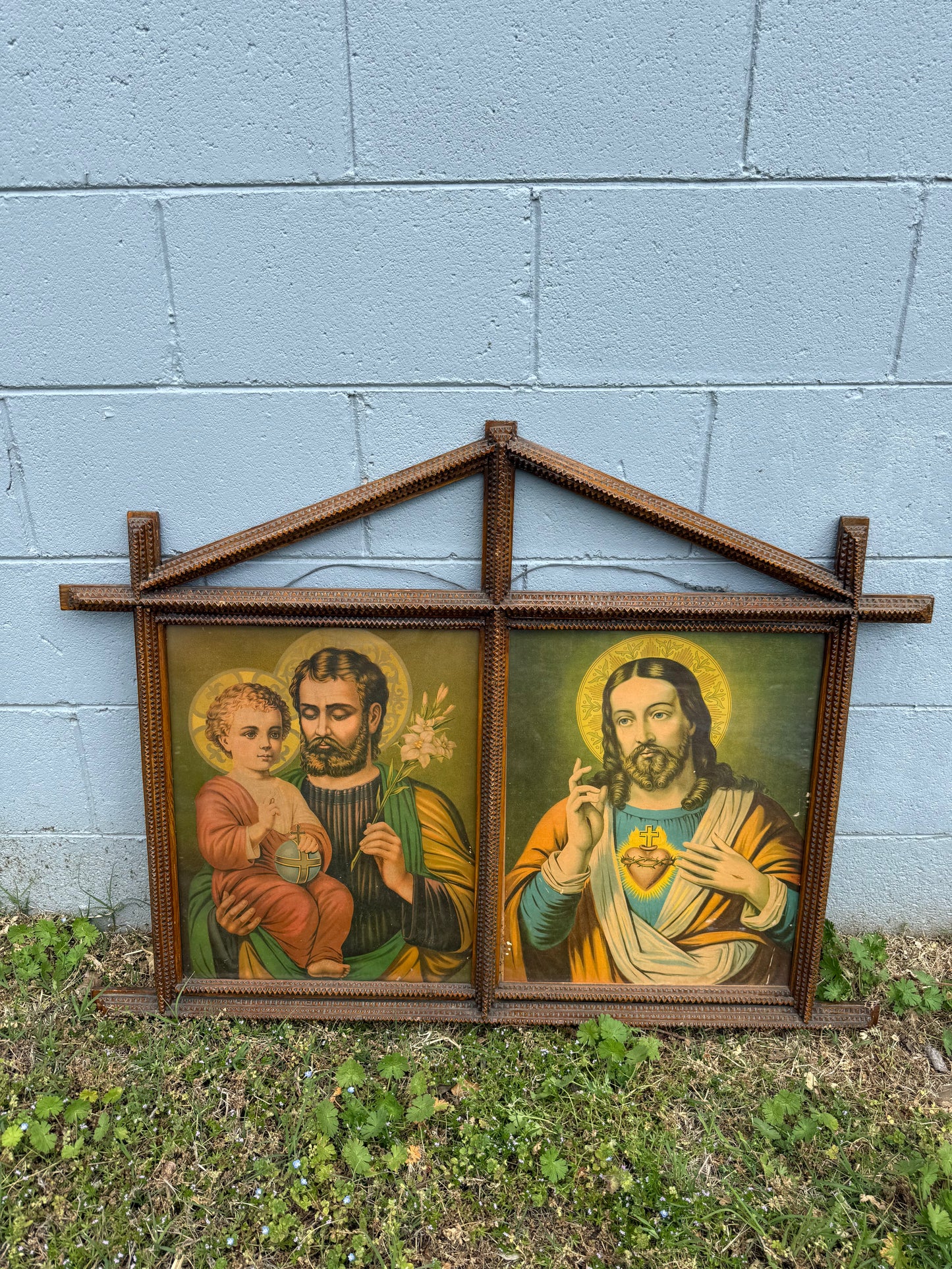 HUGE Antique Tramp Art Religious Lithographs (C)