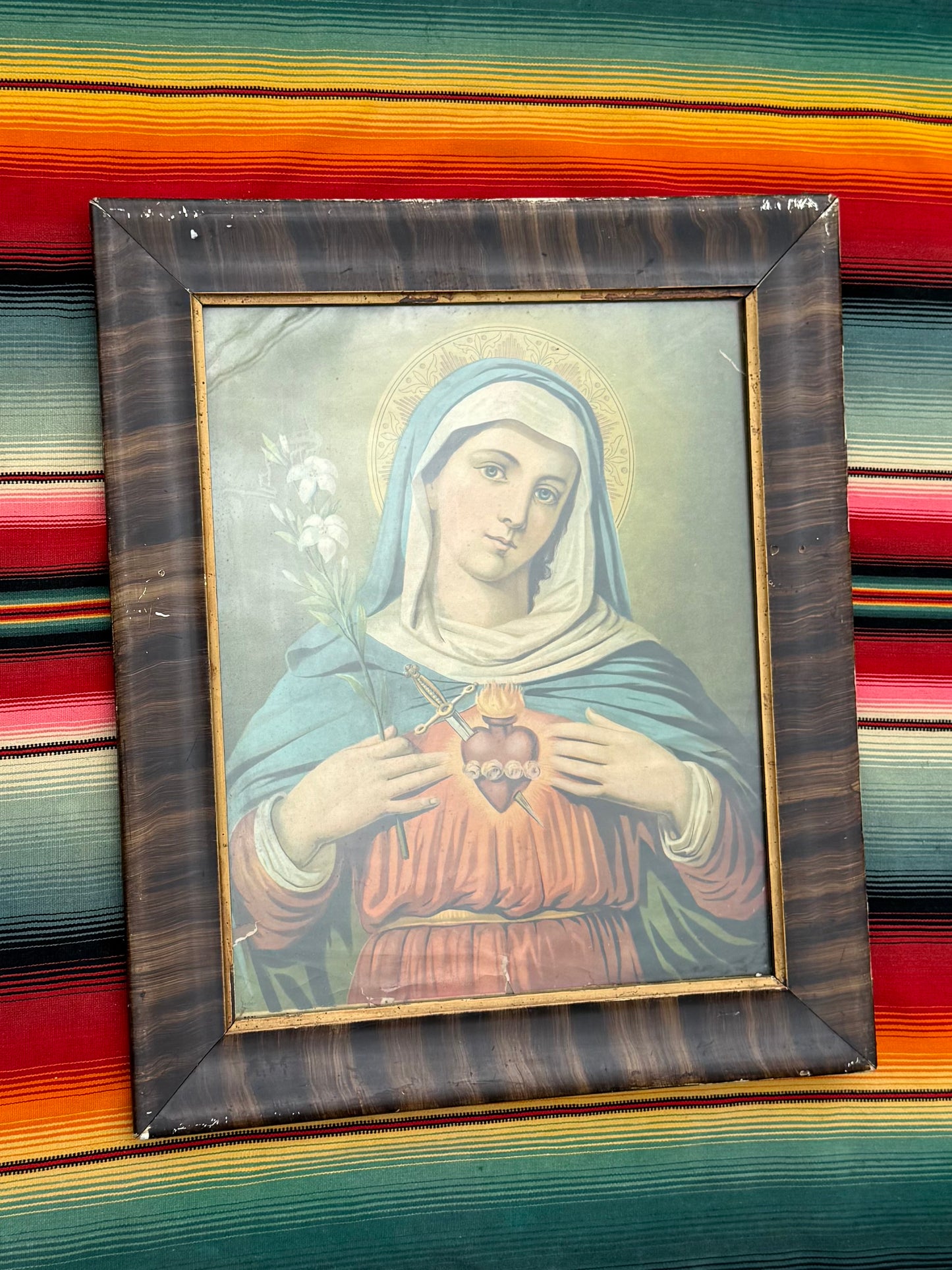 Antique Mary Sacred Heart Lithograph (C)