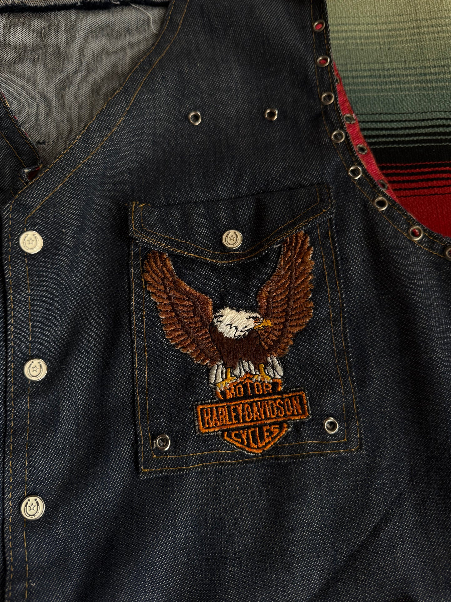 1970s Handmade Selvedge Denim Biker Vest w/ Harley Patch (C)