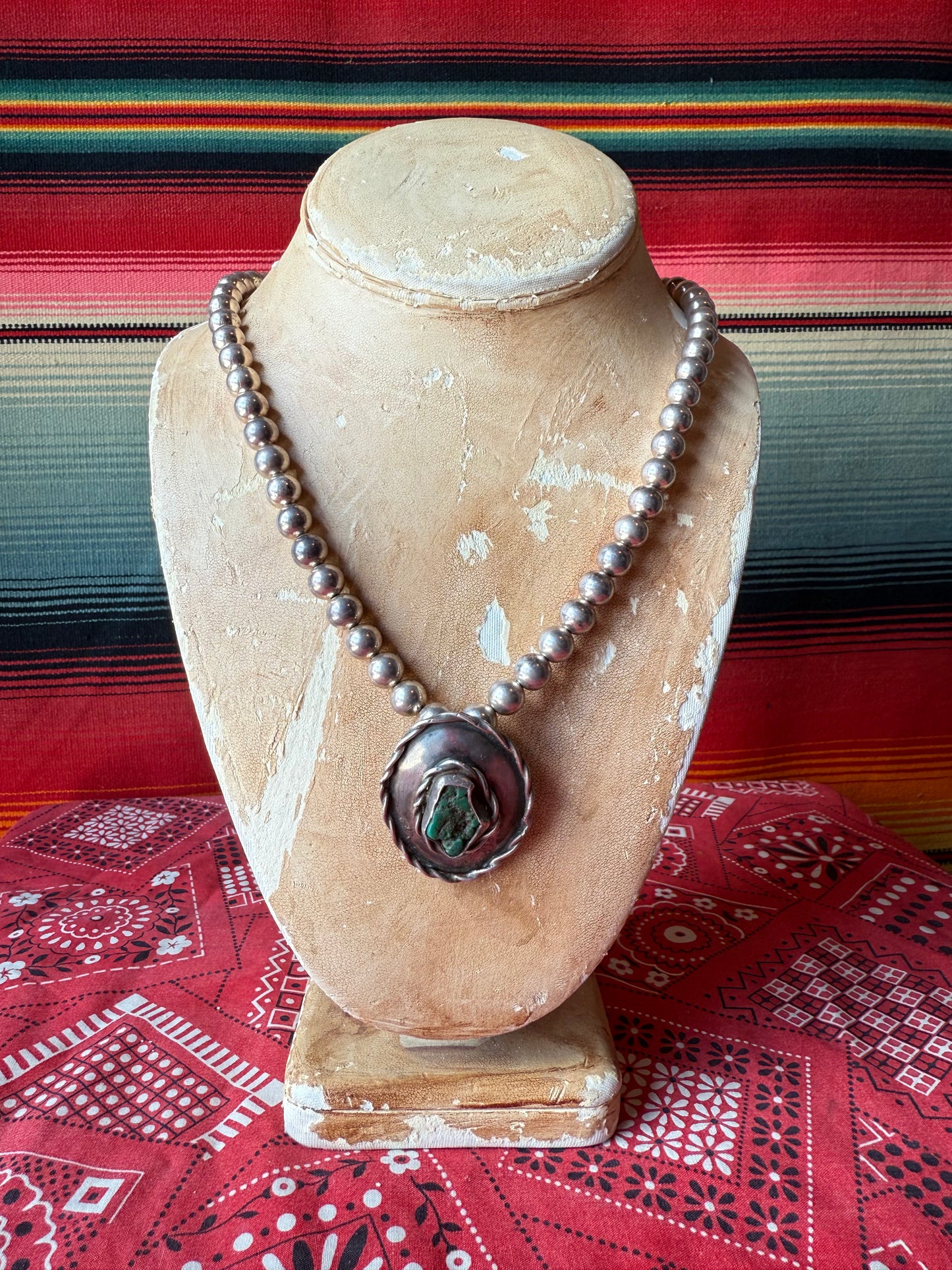 Vintage Sterling Pearl Necklace with Sterling and Turquoise Pendant (MA)