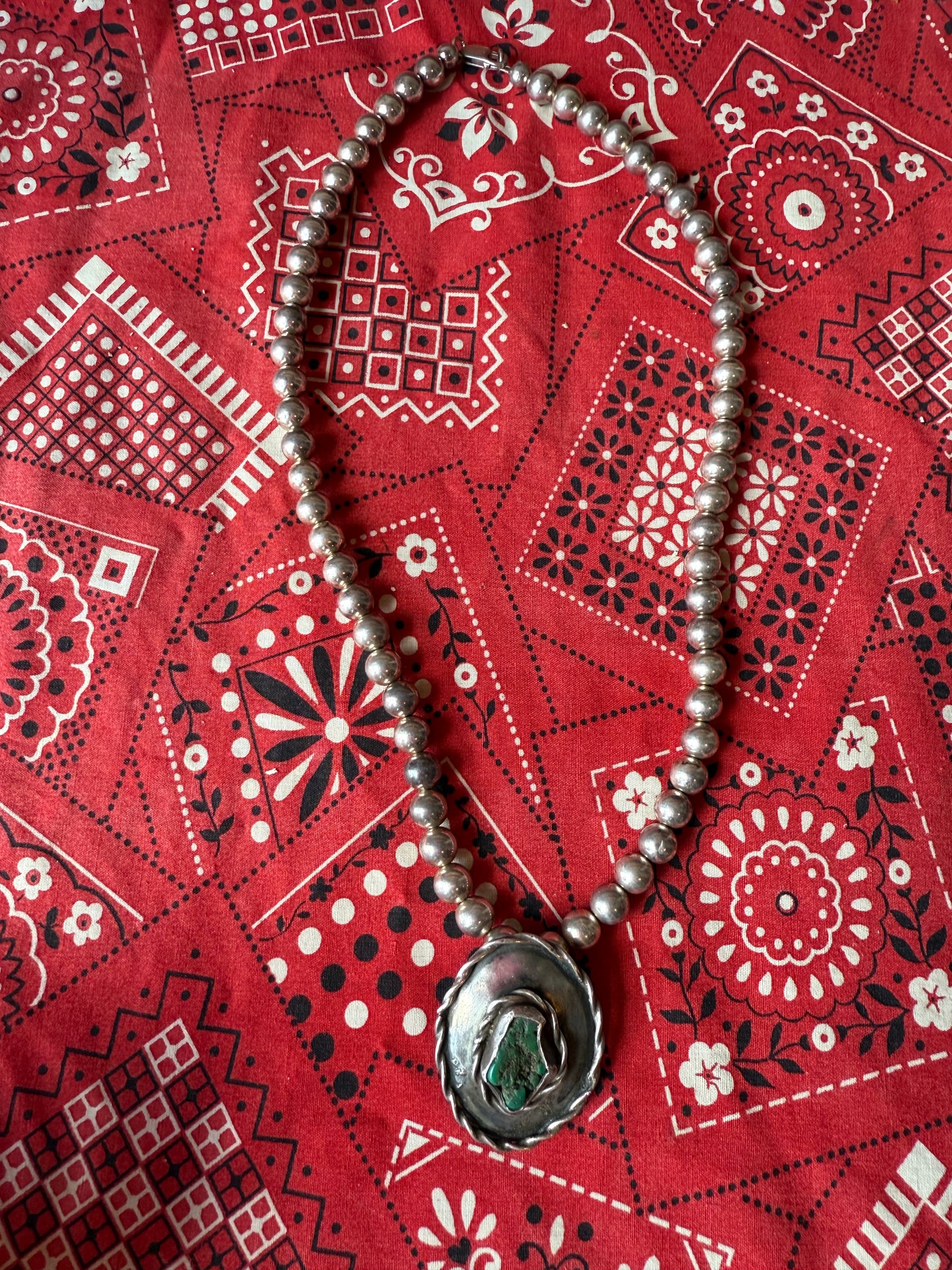 Vintage Sterling Pearl Necklace with Sterling and Turquoise Pendant (MA)