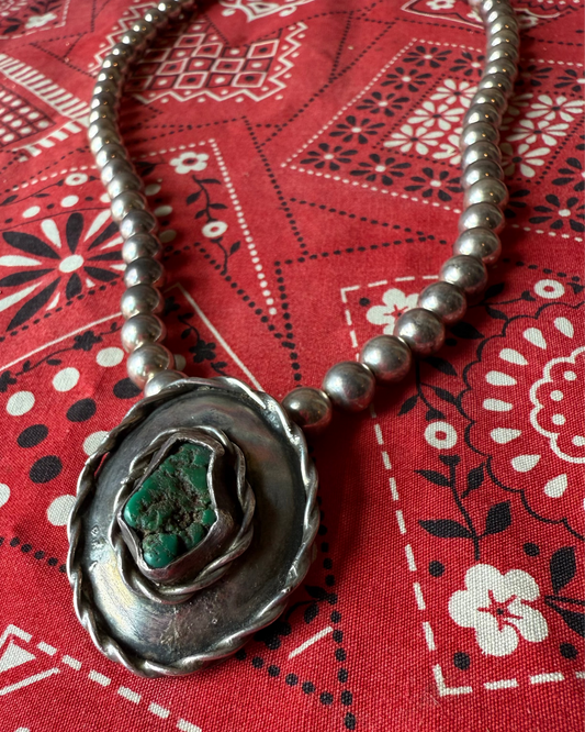 Vintage Sterling Pearl Necklace with Sterling and Turquoise Pendant (MA)