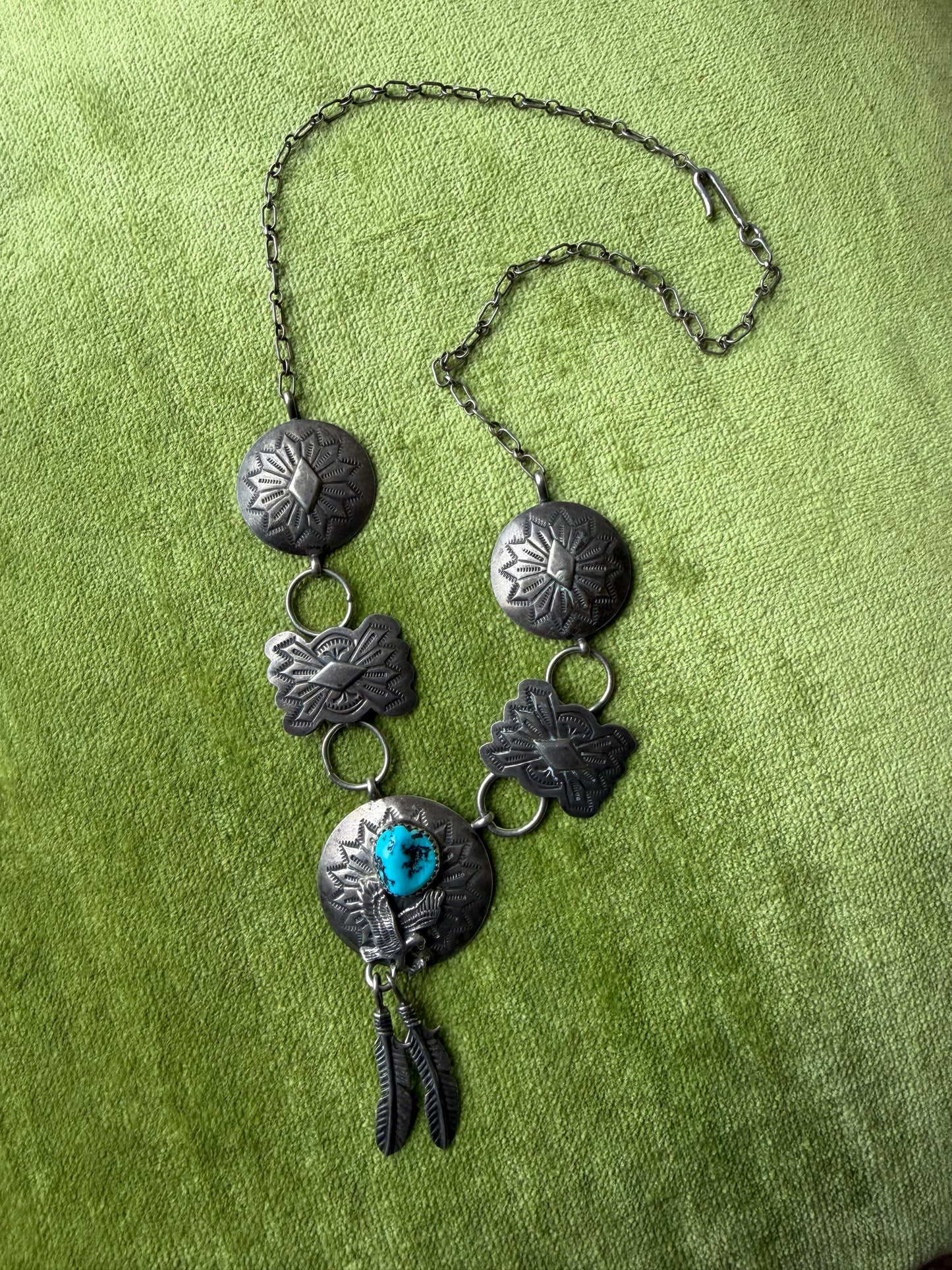 vintage sterling and turquoise concho style eagle and feather necklace (MA)