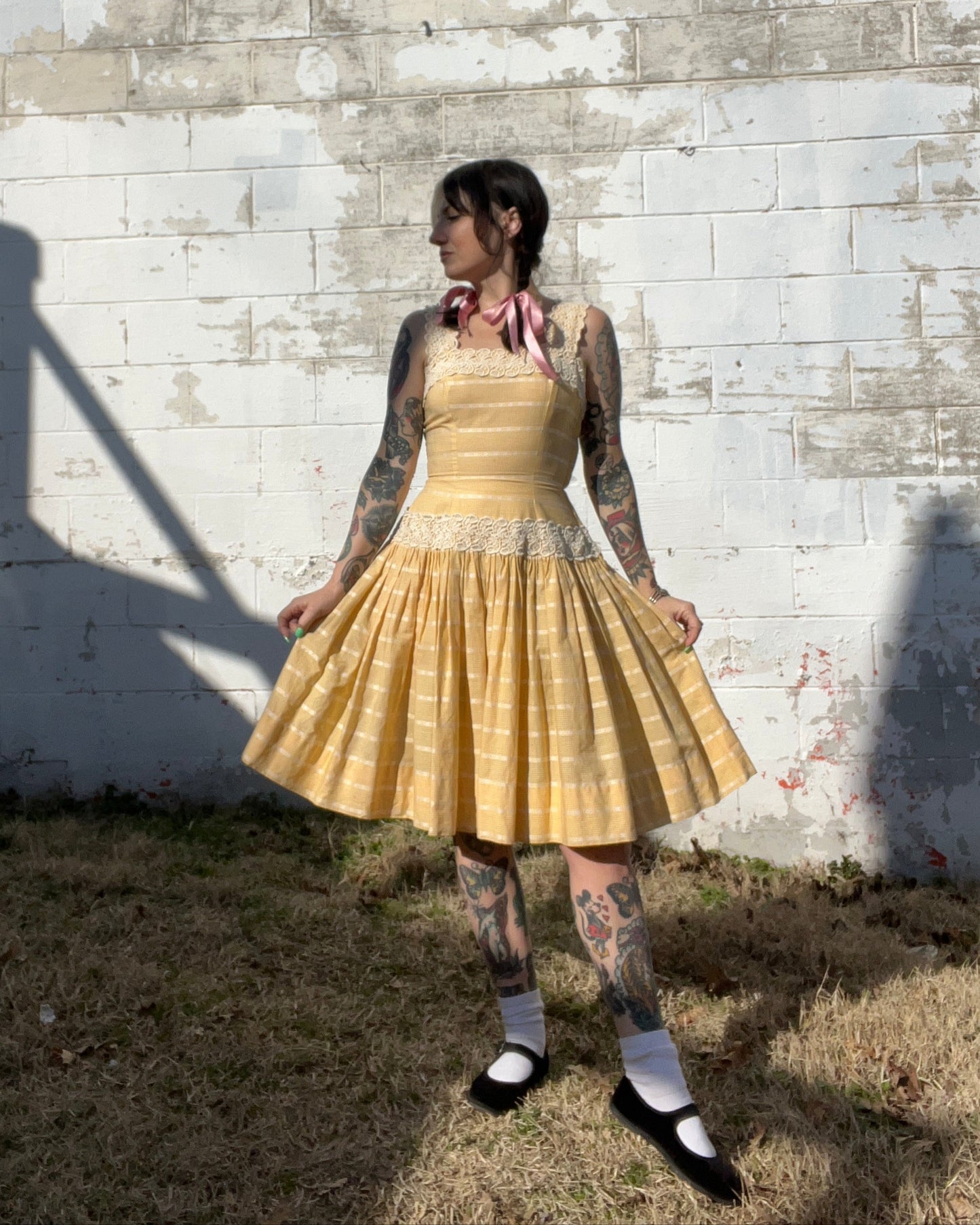 1950s Handmade Marigold & Lace Dress