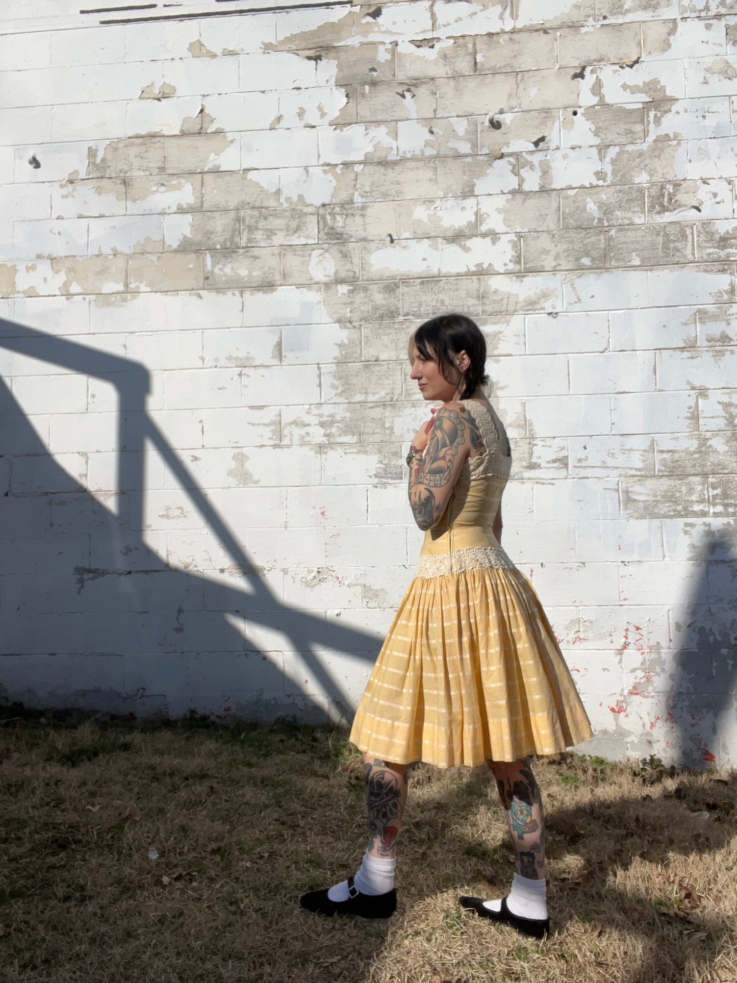 1950s Handmade Marigold & Lace Dress