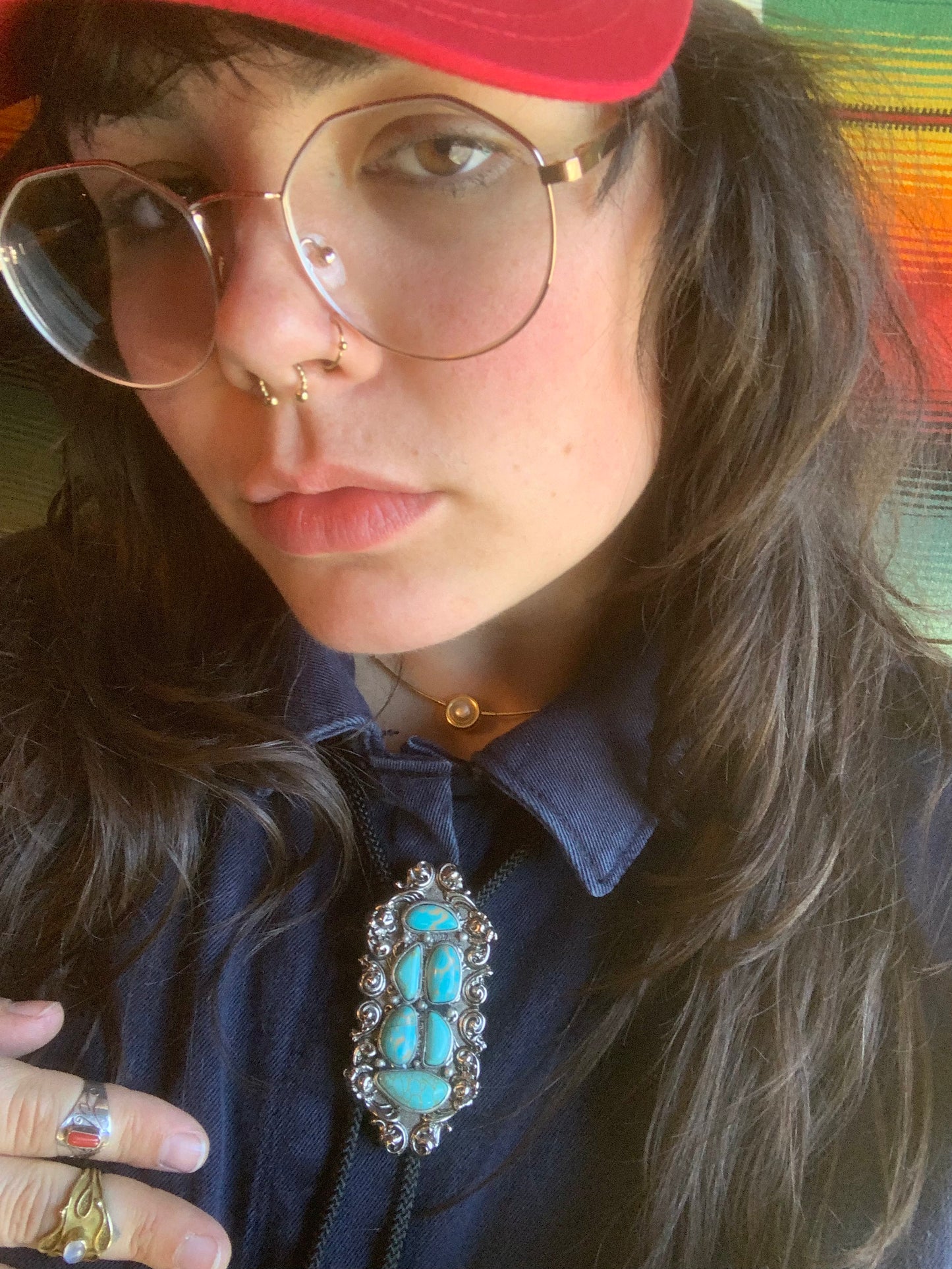 Etched Silver & Six Turquoise Stone Bolo Tie