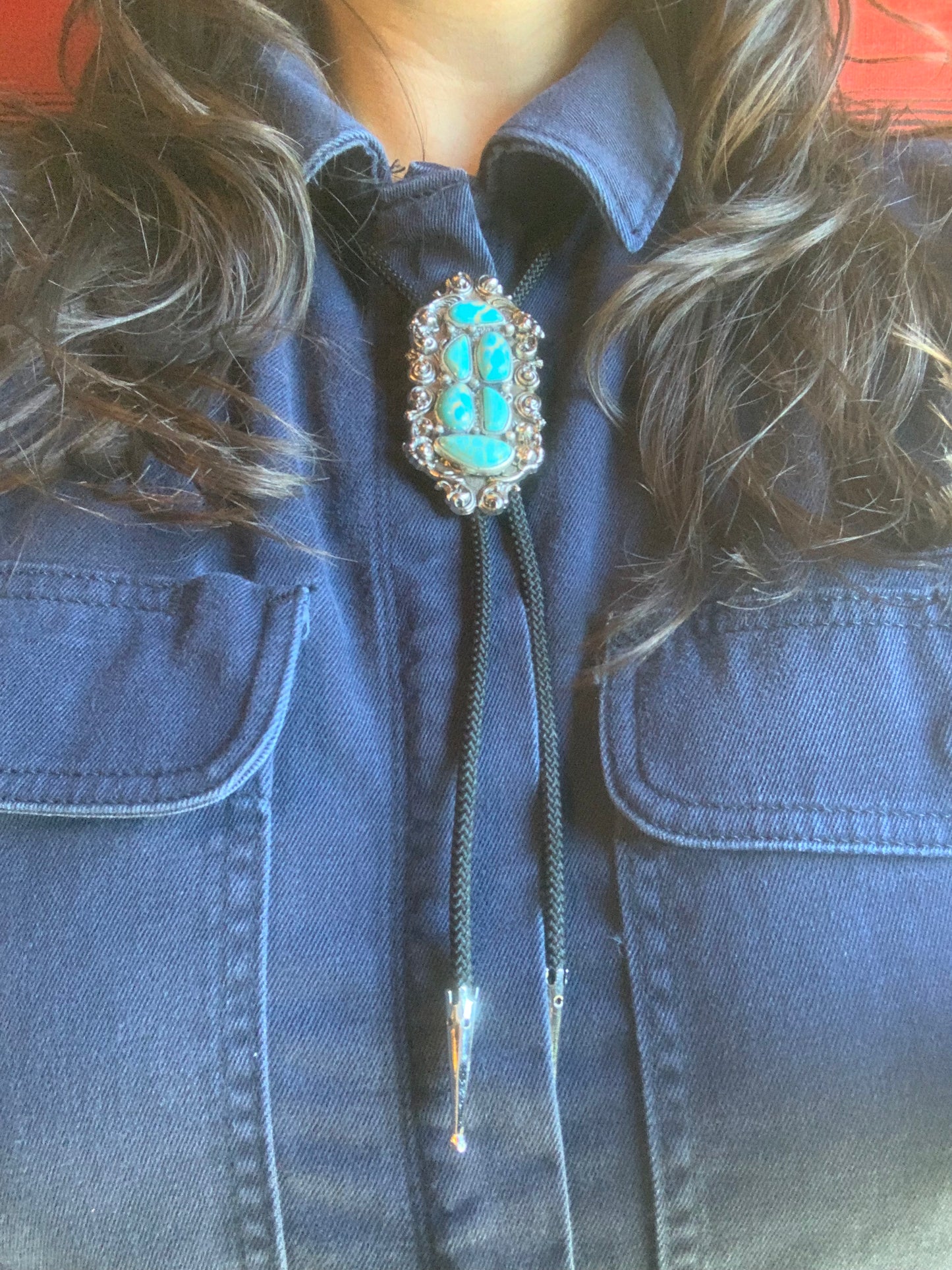 Etched Silver & Six Turquoise Stone Bolo Tie