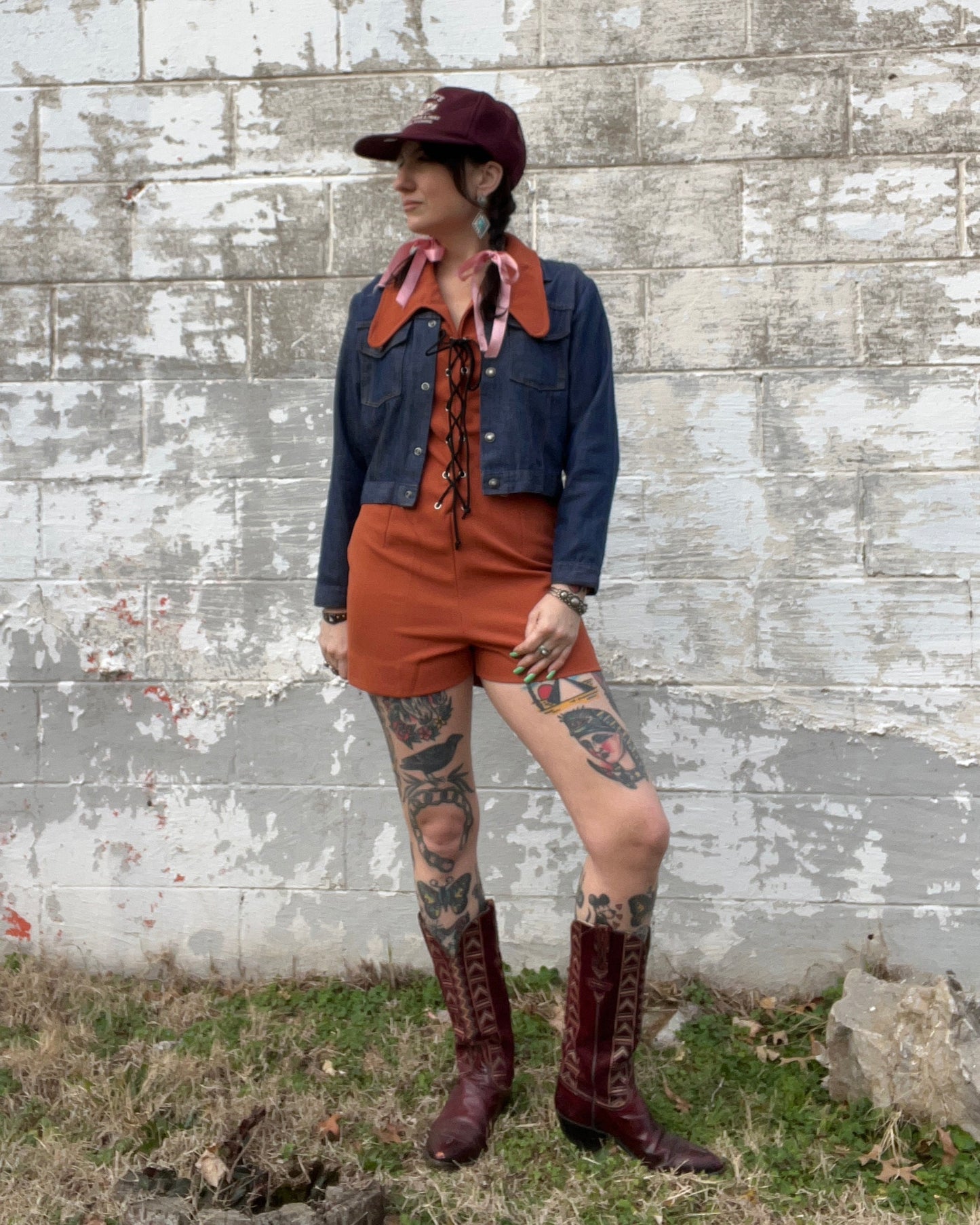 Vintage Lucchese Cowboy Boots Oxblood Red Woven Suede Womens Size 7