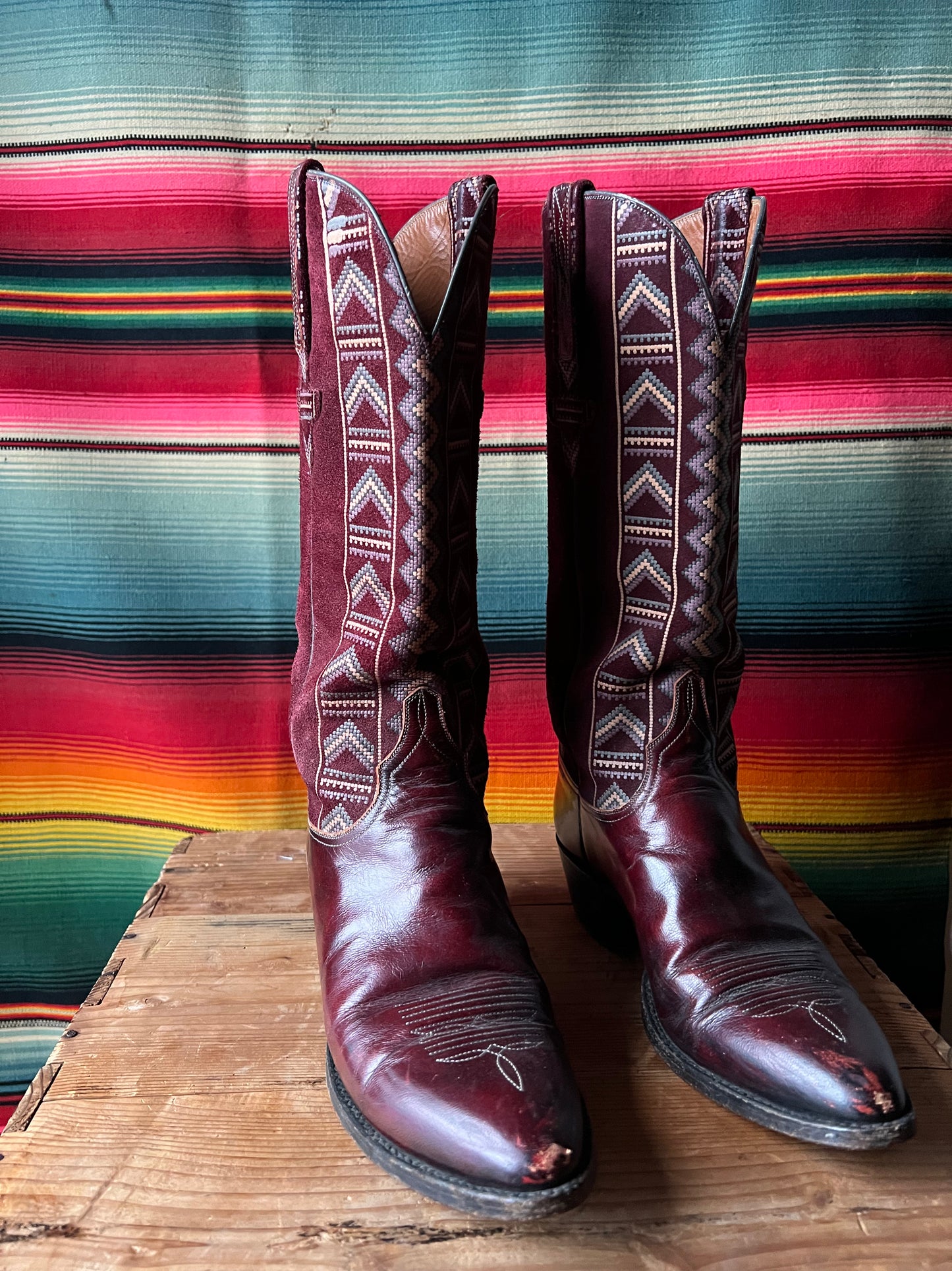 Vintage Lucchese Cowboy Boots Oxblood Red Woven Suede Womens Size 7
