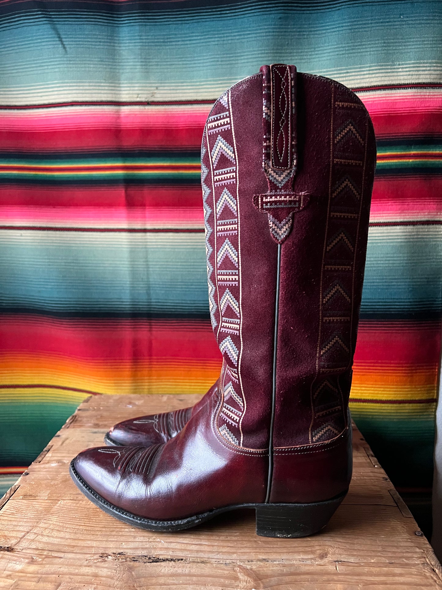 Vintage Lucchese Cowboy Boots Oxblood Red Woven Suede Womens Size 7