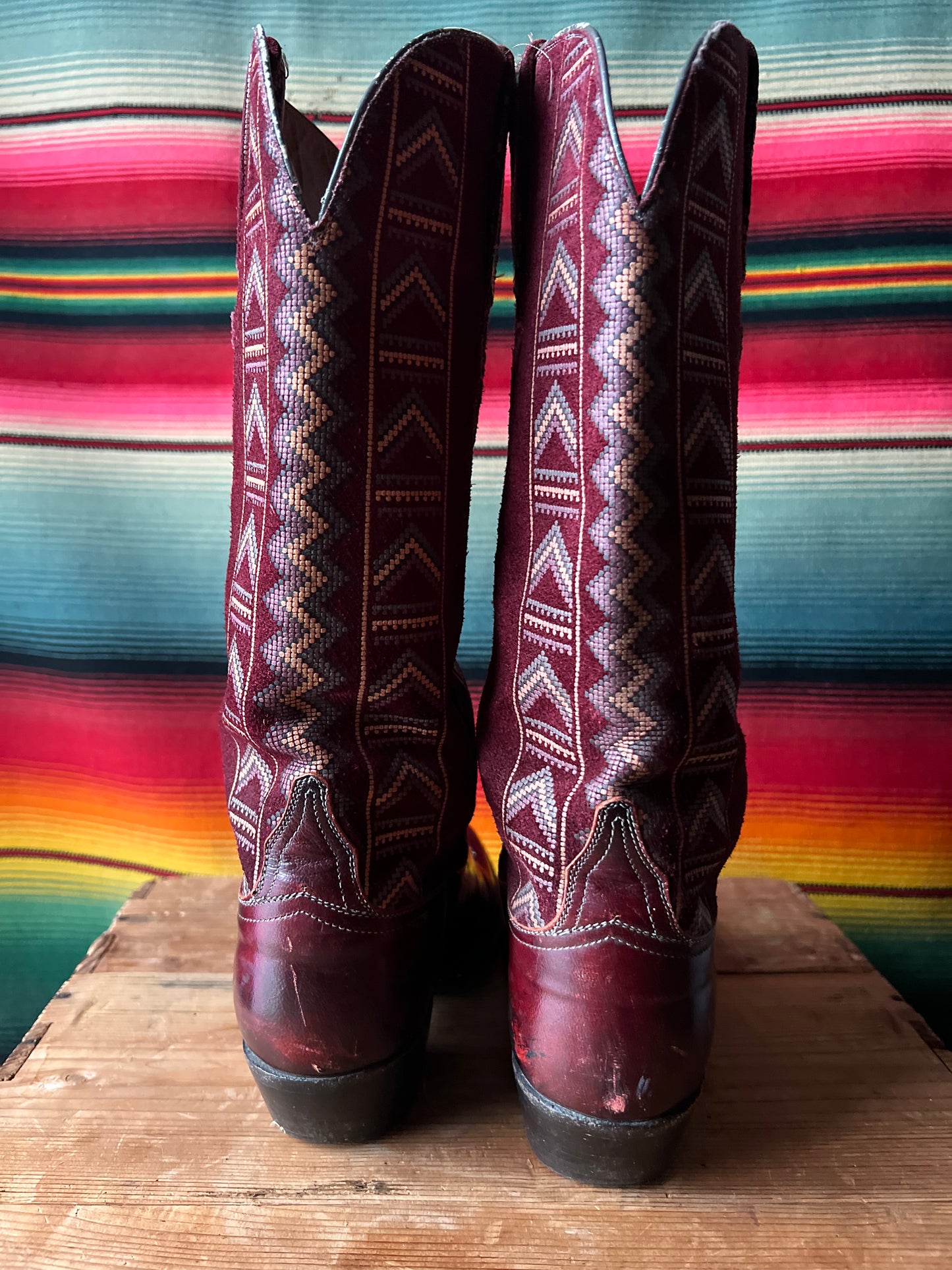 Vintage Lucchese Cowboy Boots Oxblood Red Woven Suede Womens Size 7