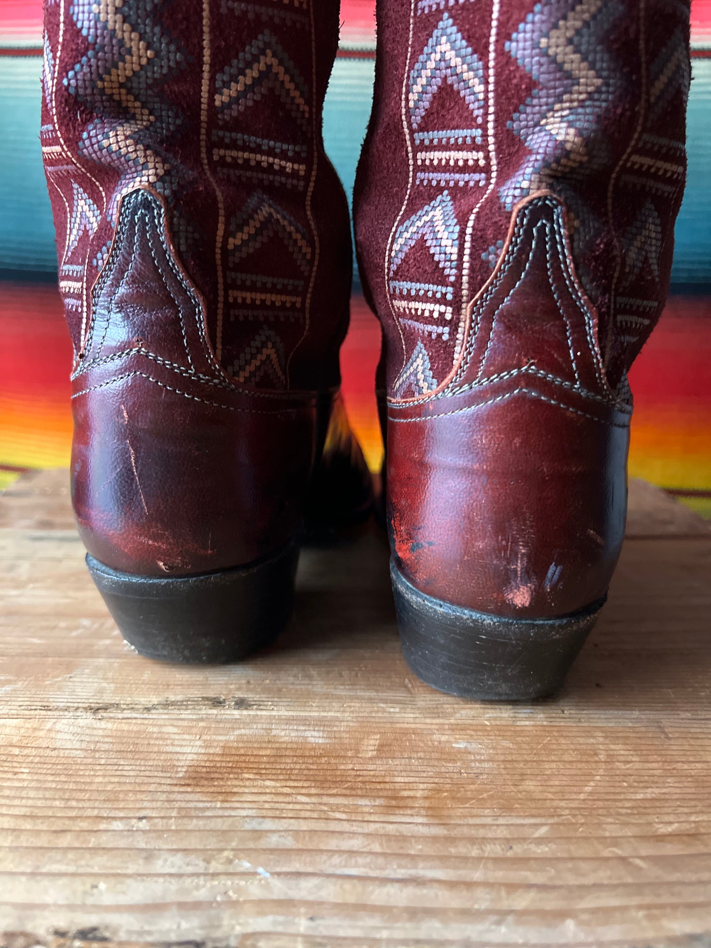 Vintage Lucchese Cowboy Boots Oxblood Red Woven Suede Womens Size 7