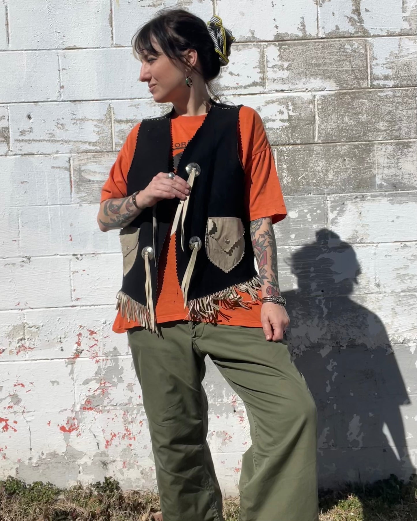 Vtg Leather Fringe Concho Vest