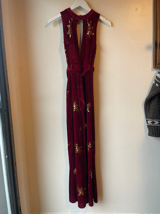 Star Embellished Burgundy Suede Jumpsuit