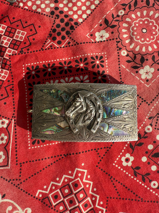 vintage Mexican sterling Silver Horse Head HorseShoe - abalone belt buckle (MA)