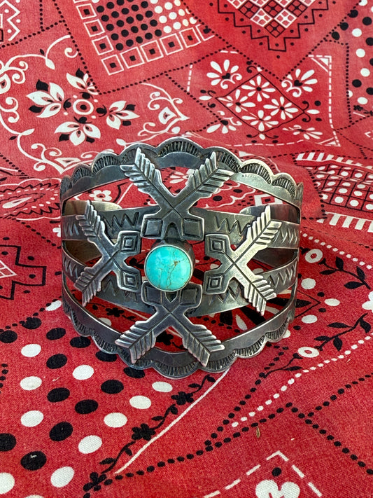 vintage Fred Harvey Era sterling and turquoise crossed arrows cuff (MA)