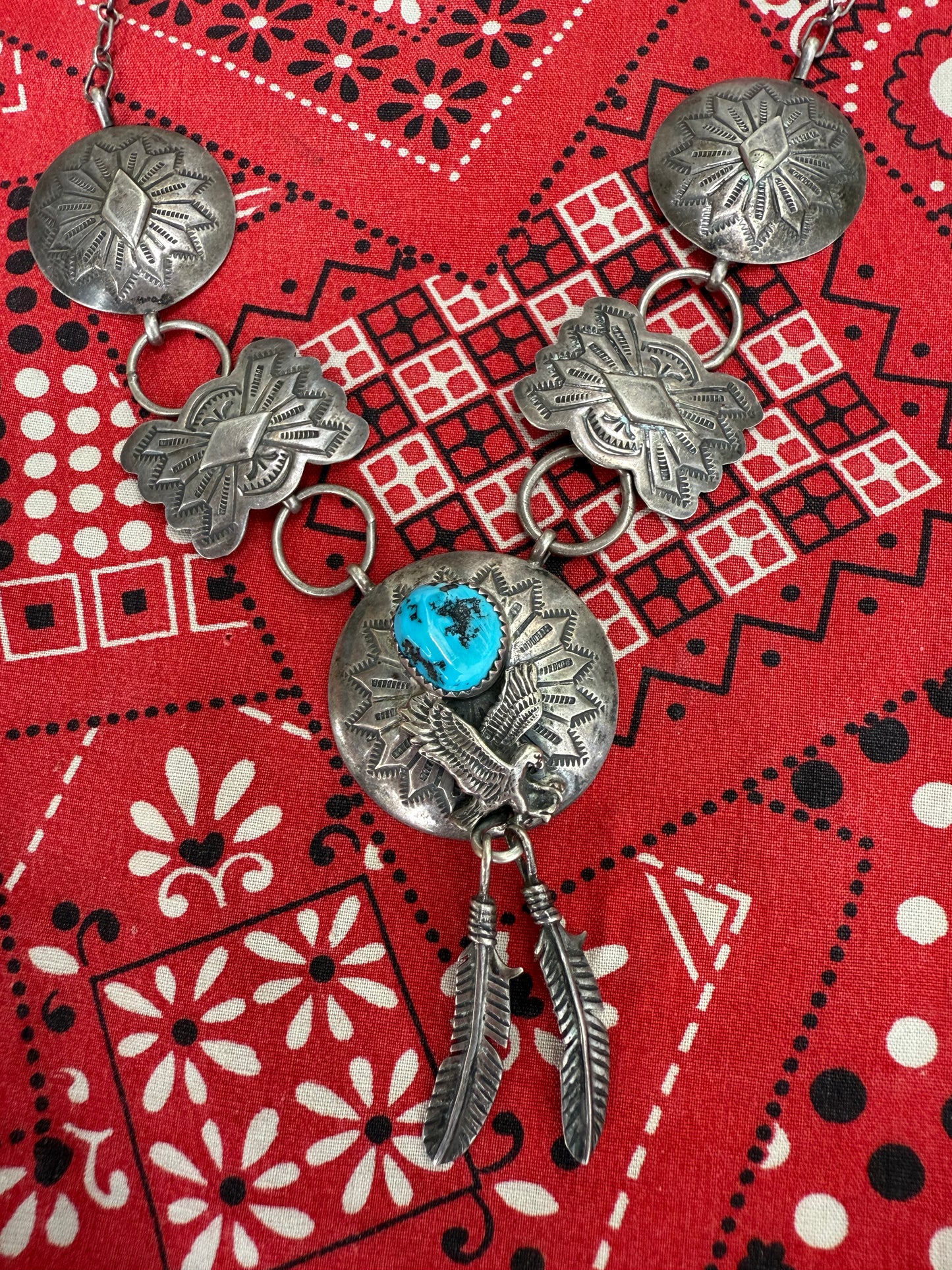 vintage sterling and turquoise concho style eagle and feather necklace (MA)