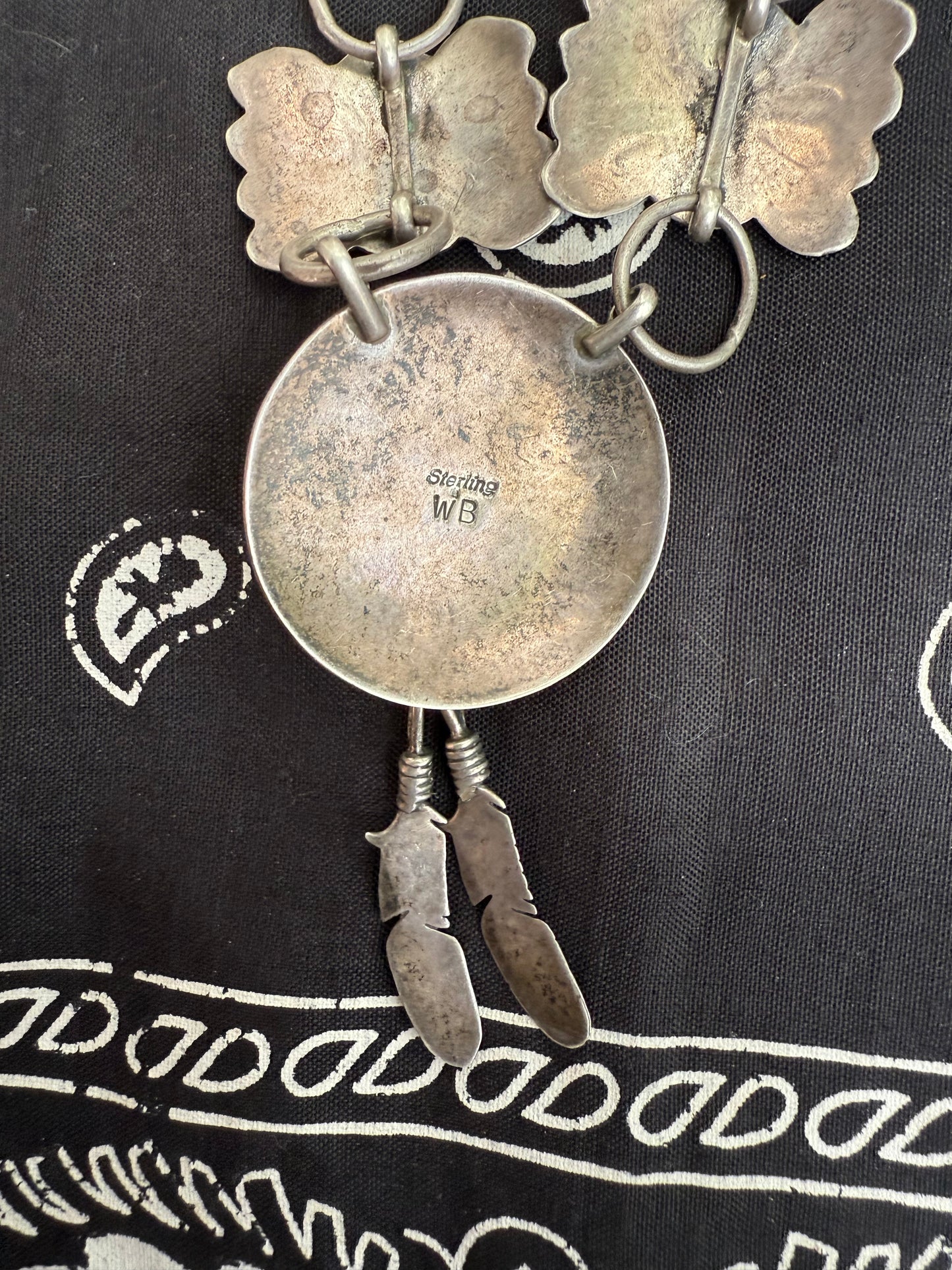vintage sterling and turquoise concho style eagle and feather necklace (MA)