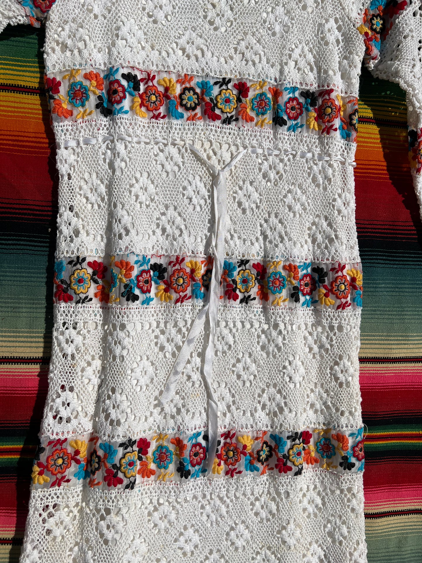 Vintage White Crochet w/Flowers Long Dress