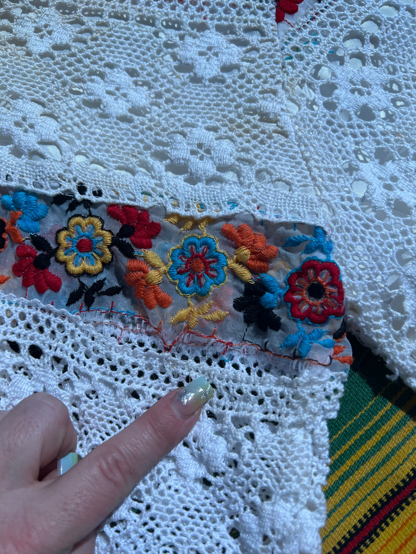 Vintage White Crochet w/Flowers Long Dress