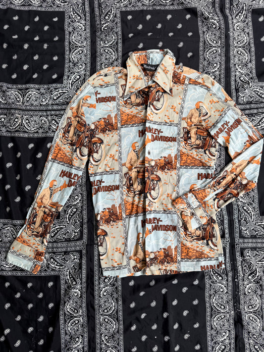 1970s Harley Davidson Print Button Up