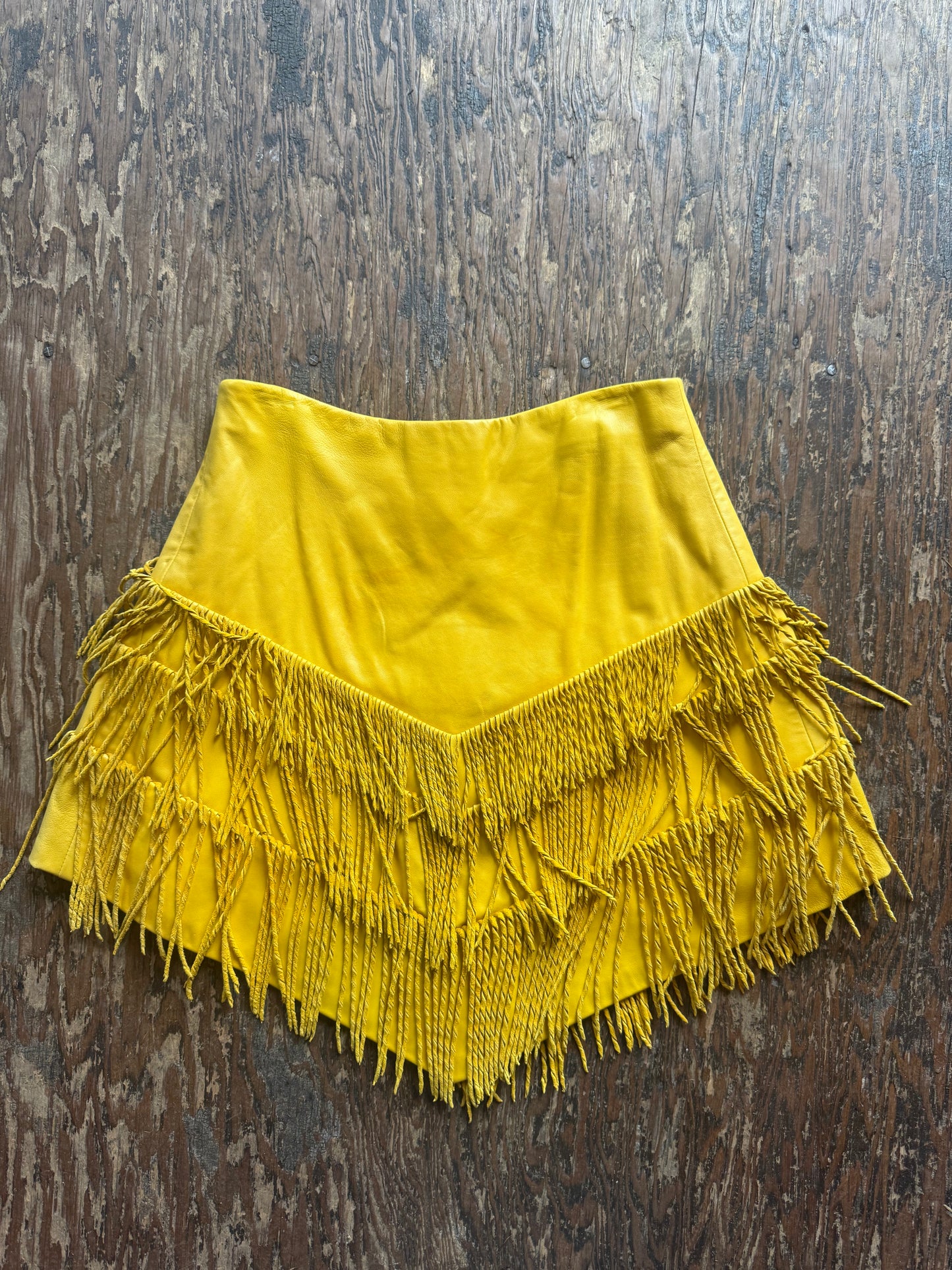 1980s Custom Yellow Leather Fringe Skirt by Mancha