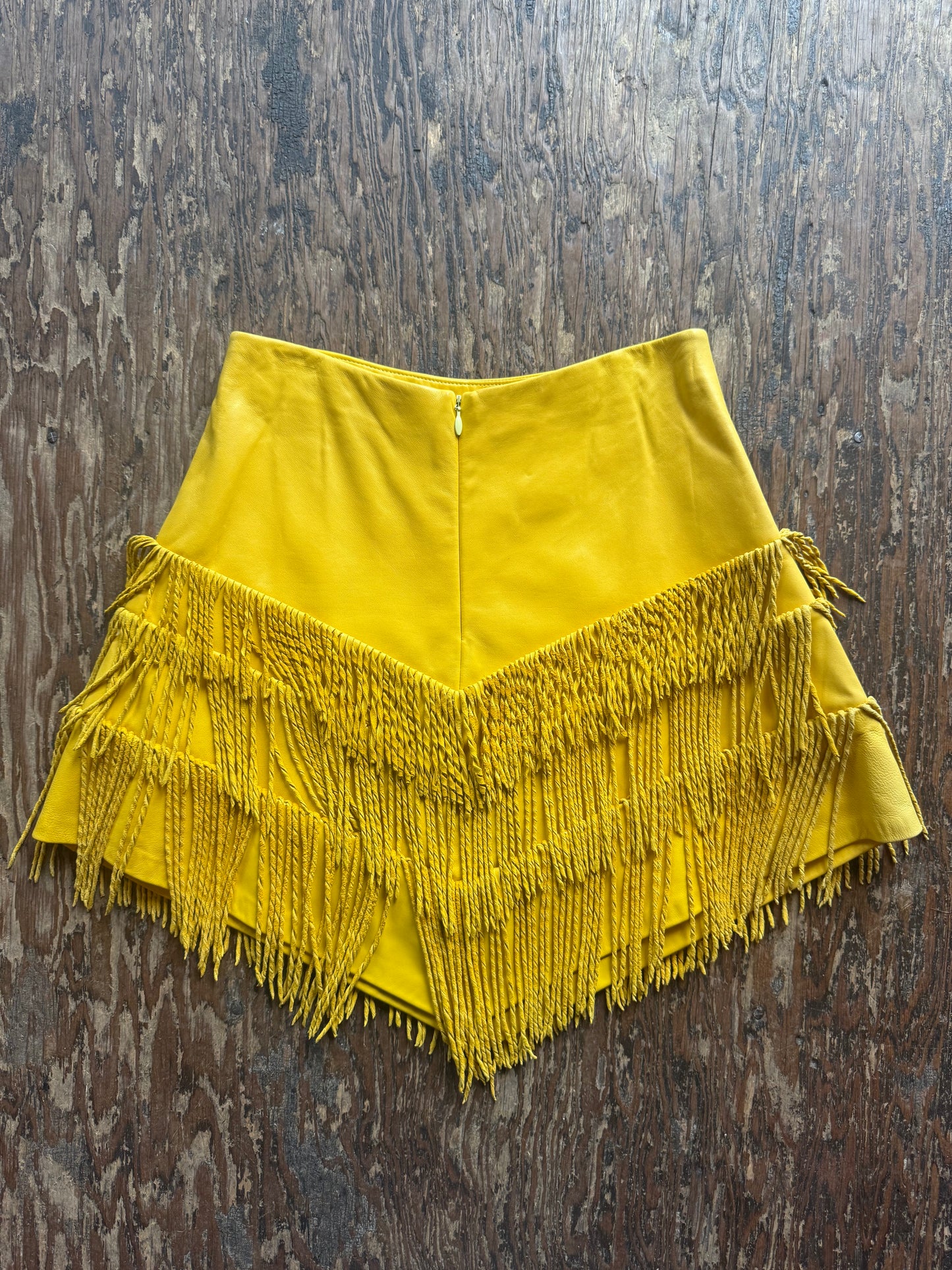 1980s Custom Yellow Leather Fringe Skirt by Mancha