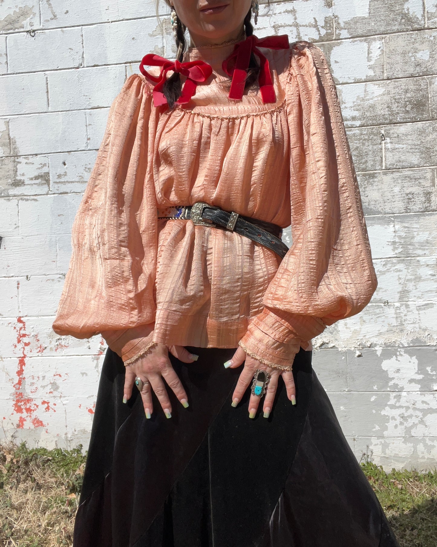 Vintage Silk Peach Balloon Sleeve Blouse