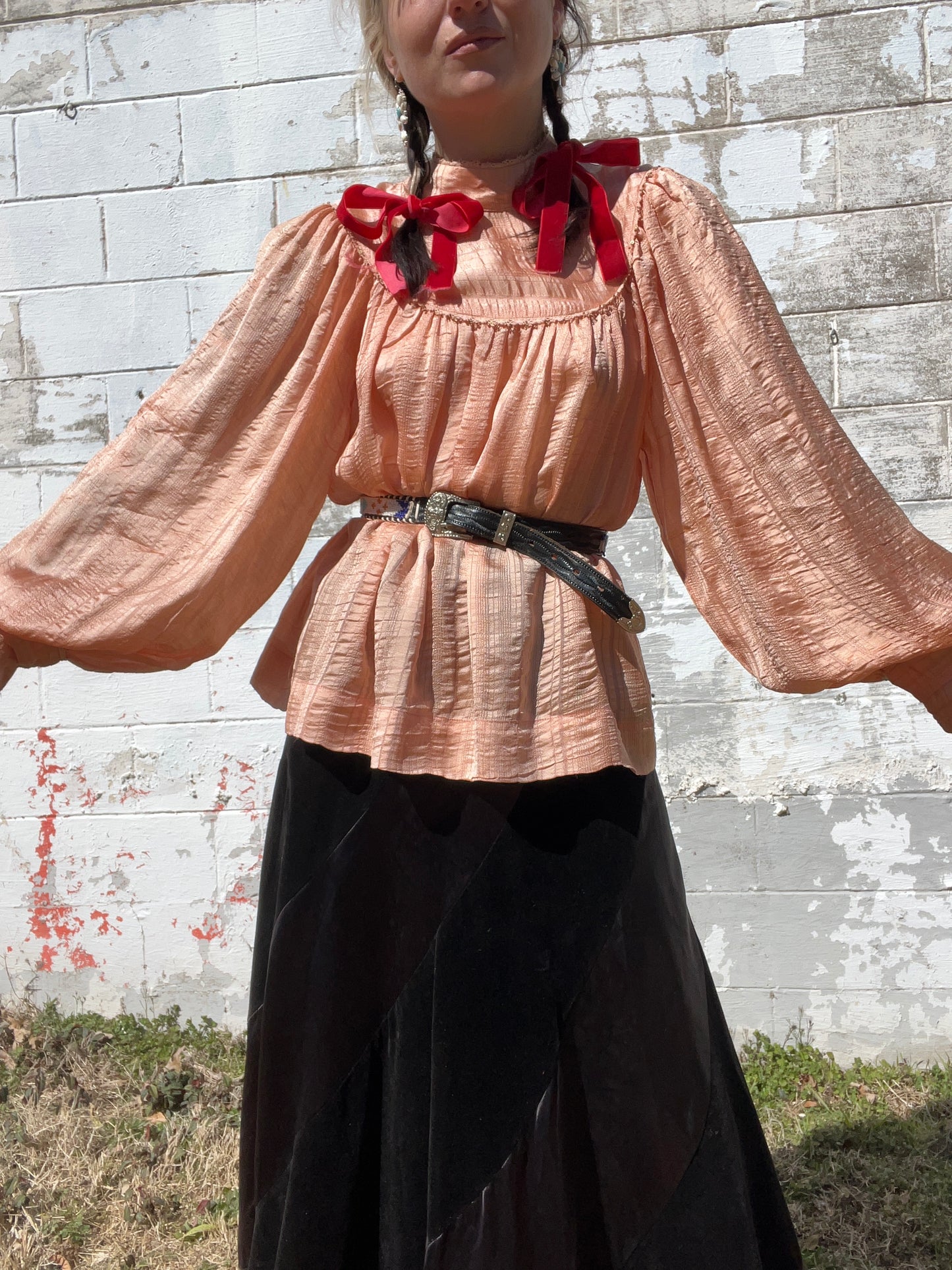 Vintage Silk Peach Balloon Sleeve Blouse