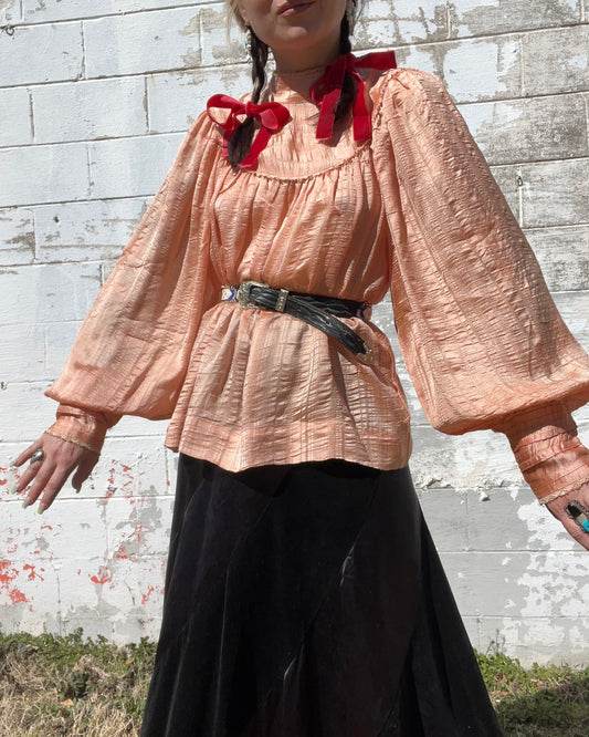 Vintage Silk Peach Balloon Sleeve Blouse
