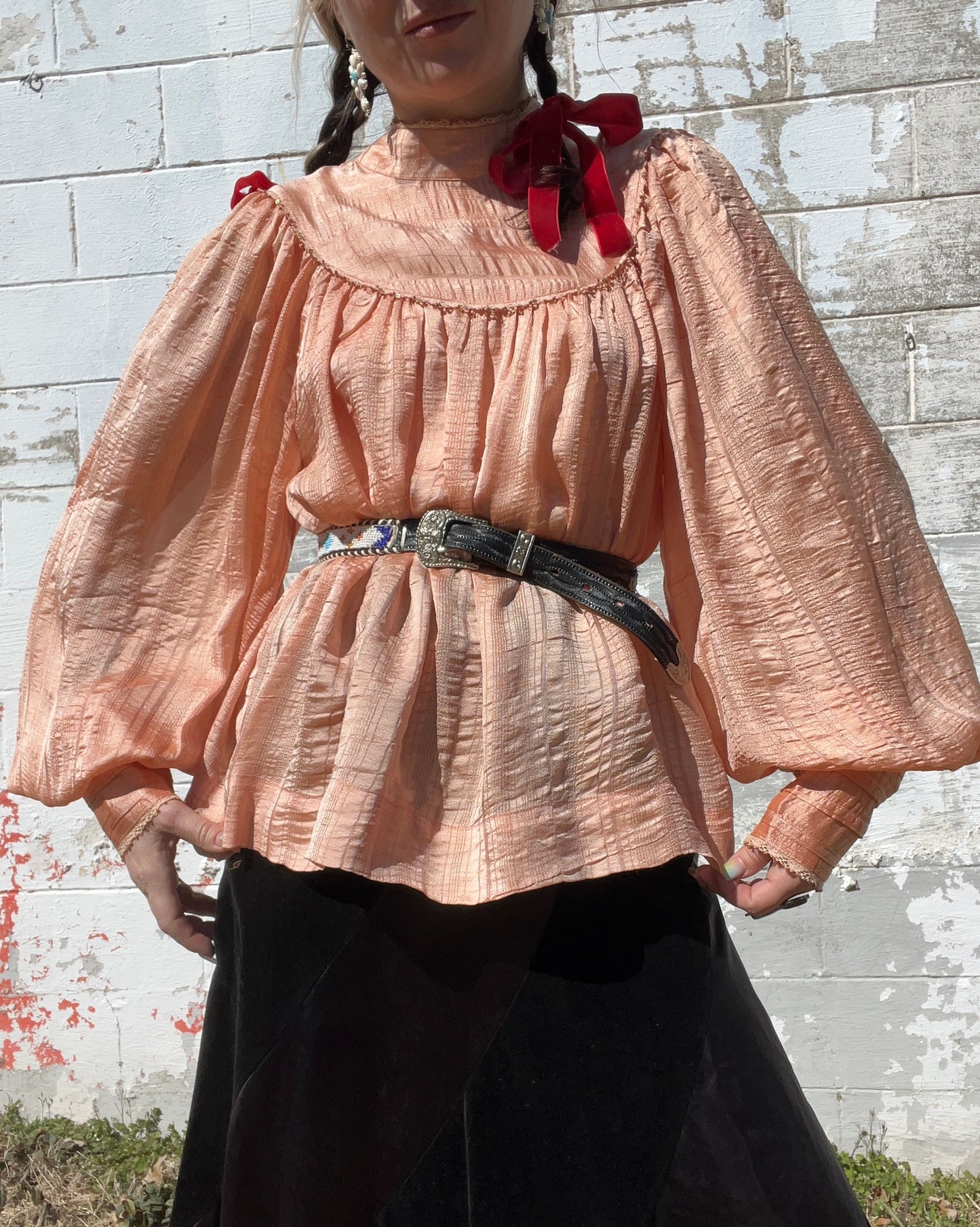 Vintage Silk Peach Balloon Sleeve Blouse