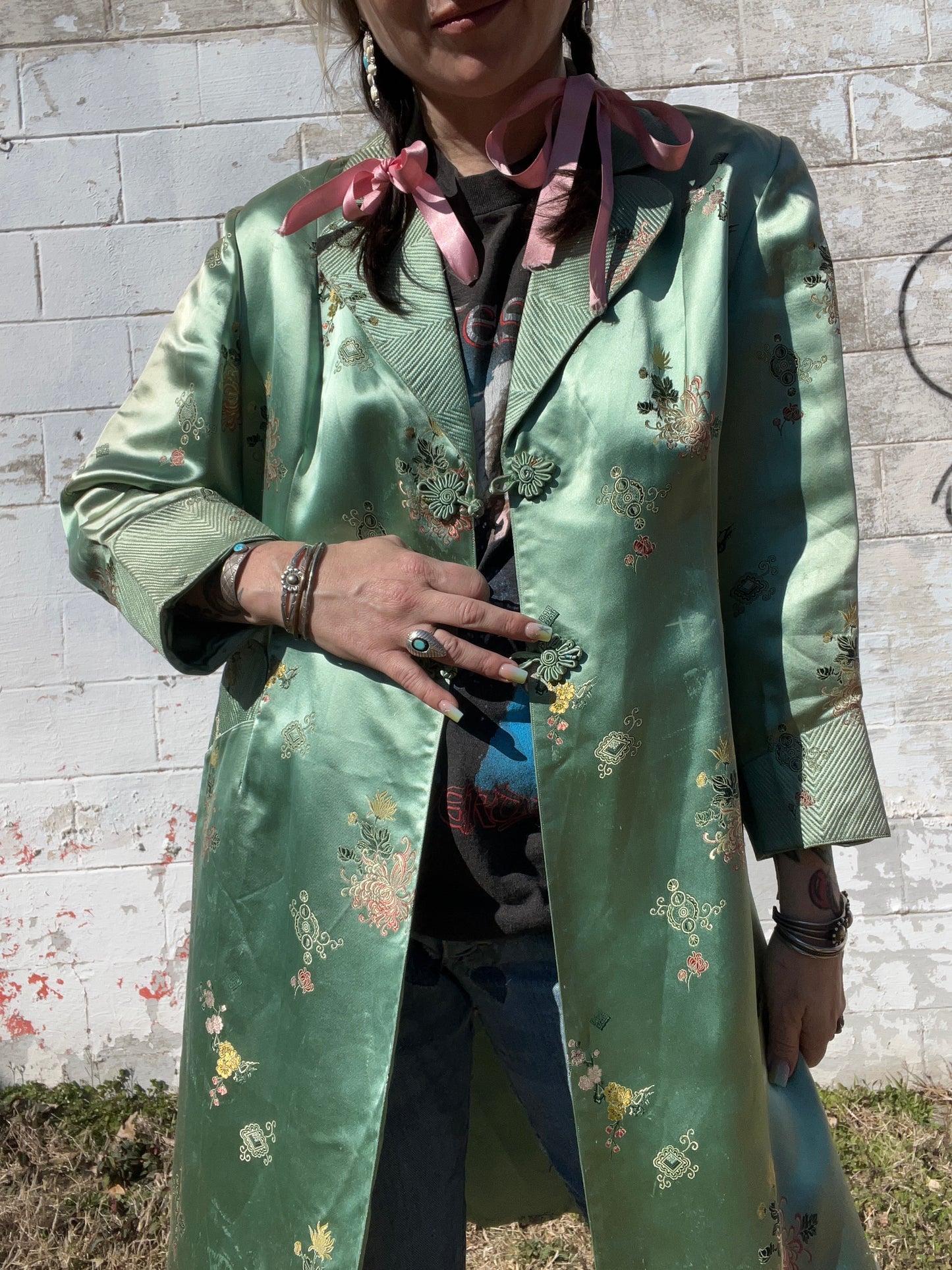 Vintage Mint Green Satin Duster Coat