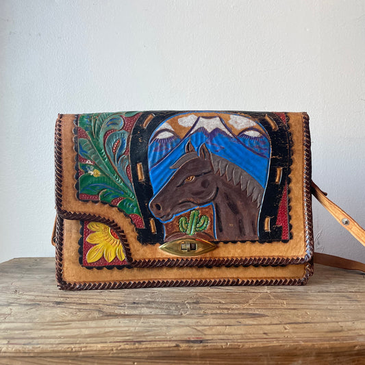 VTG Tooled Leather Bag with Painted Horse