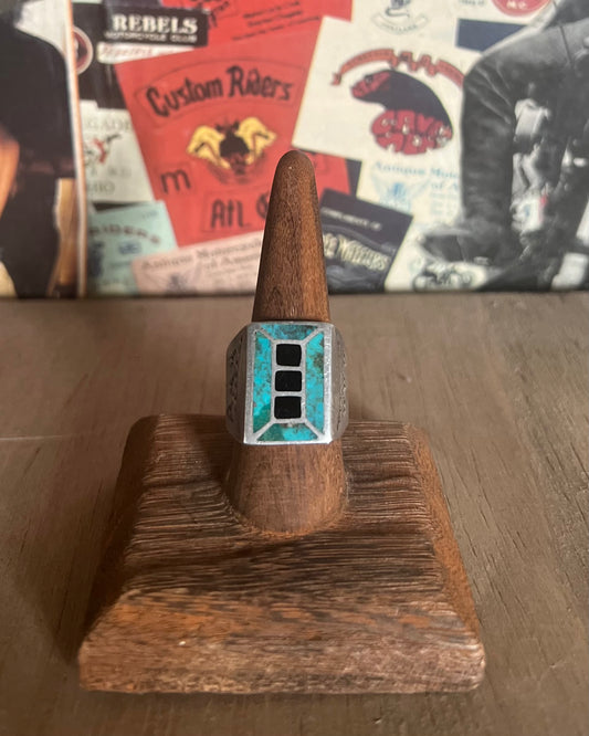 Black 3 Stone Trapezoid Blue Stone Ring